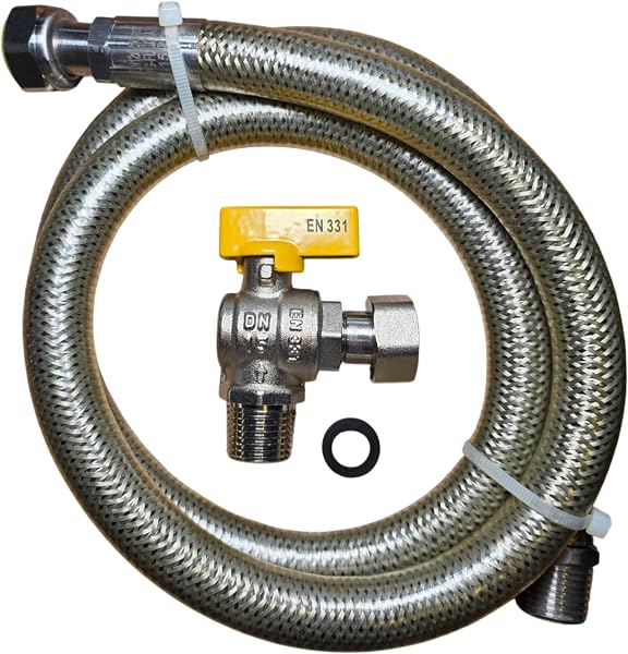 Kit Tubo Flessibile Gas MF Inox con Rubinetto Sicurezza, Certificato EN 14800, GPL Metano per Cucina e Caldaia, Acciaio Anticorrosione, 50-200 cm (KIT 1250mm) - 1