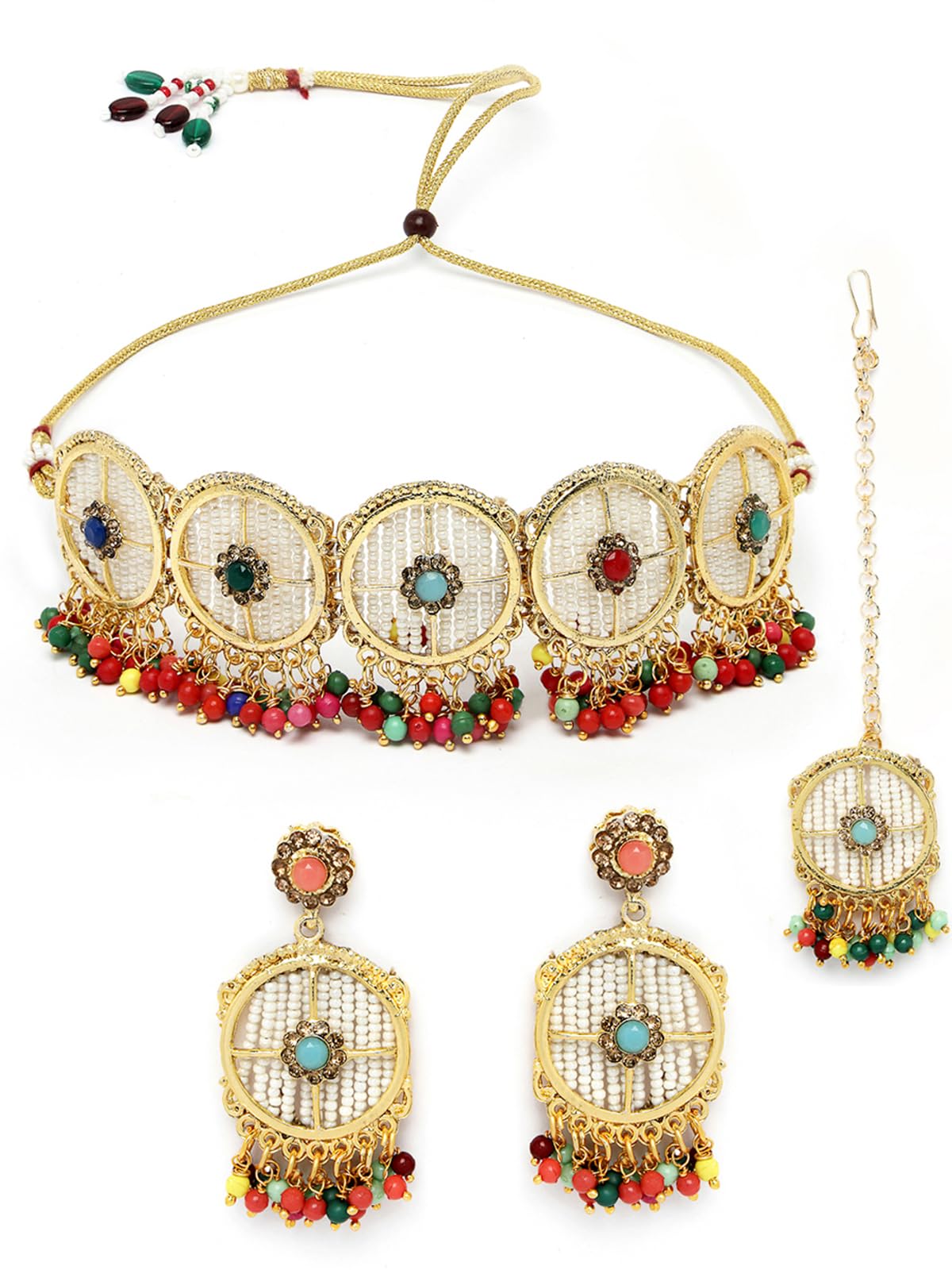 Sukkhi Charming Circular Gold Toned Plated Multi Beads Choker Necklace Set With Earring And Maangtika | Jewellery Set For Women (NS105495) (B0CBBDKTQY) Amazon Price History, Amazon Price Tracker