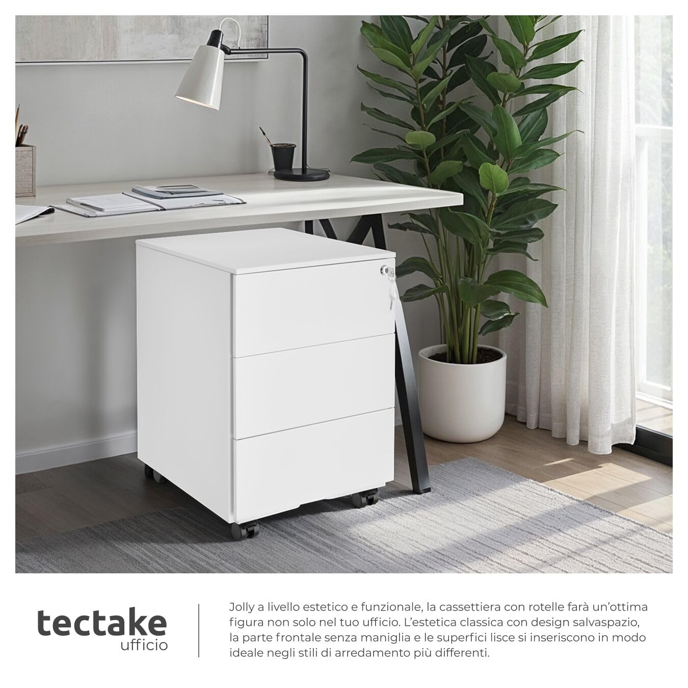 tectake® Armadietto Per Archivio Pratiche con Rotelle, Mobile Porta Documenti 3 Cassetti, 1 Porta Fascicoli, Mobile Salvaspazio, Armadio con Serratura Chiave, Armadio Ufficio Multiuso - Bianco