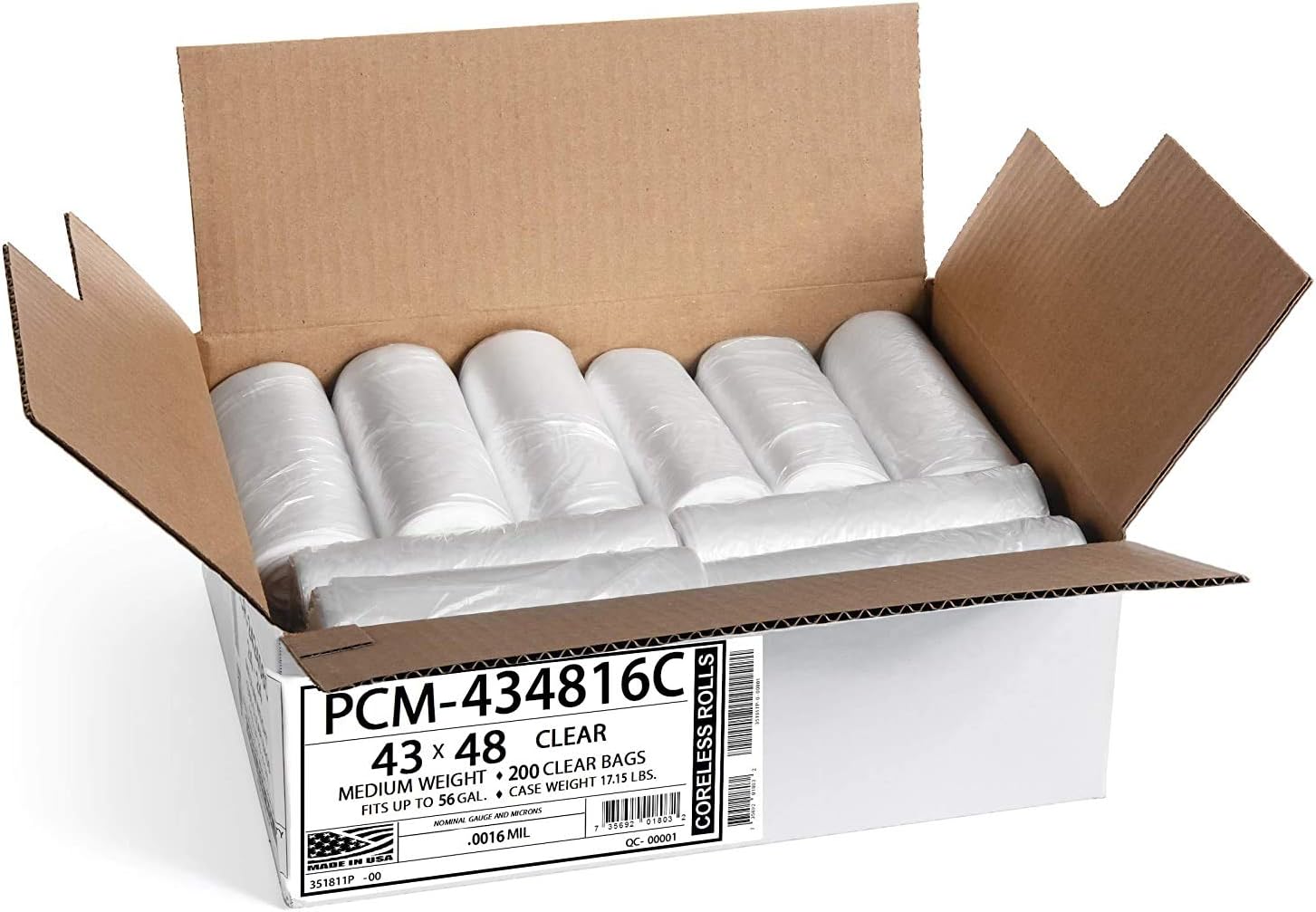 Aluf Plastics 56 Gallon Clear Trash Bags (200 Count) - 43" x 48" - PCM SERIES PREMIUM High Density 16 Micron Equivalent Garbage Bags for Bathroom, Office, Industrial, Commercial, Janitorial Clear 56 Gal, 16 Micron Equiv, 200 Count