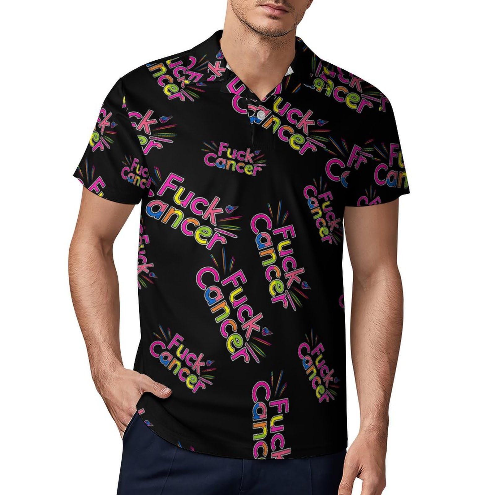 Fuck Cancer Awareness Men's Polo Shirt Short Sleeve Print T Shirt Slim Fit Golf Shirt Collared Tee Casual Top 2XL