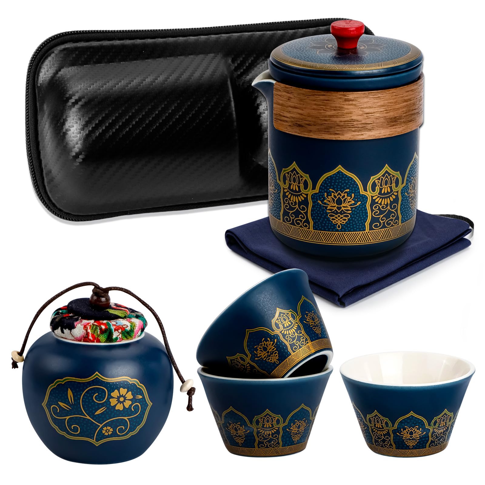SICANAUO Portable Travel Tea Set with Bag, Chinese Kong Fu Teapot, Handmade Ceramic Teapot Set, All in One Teapot for Travel Outdoor Gift Picnic Home Camping Office Business