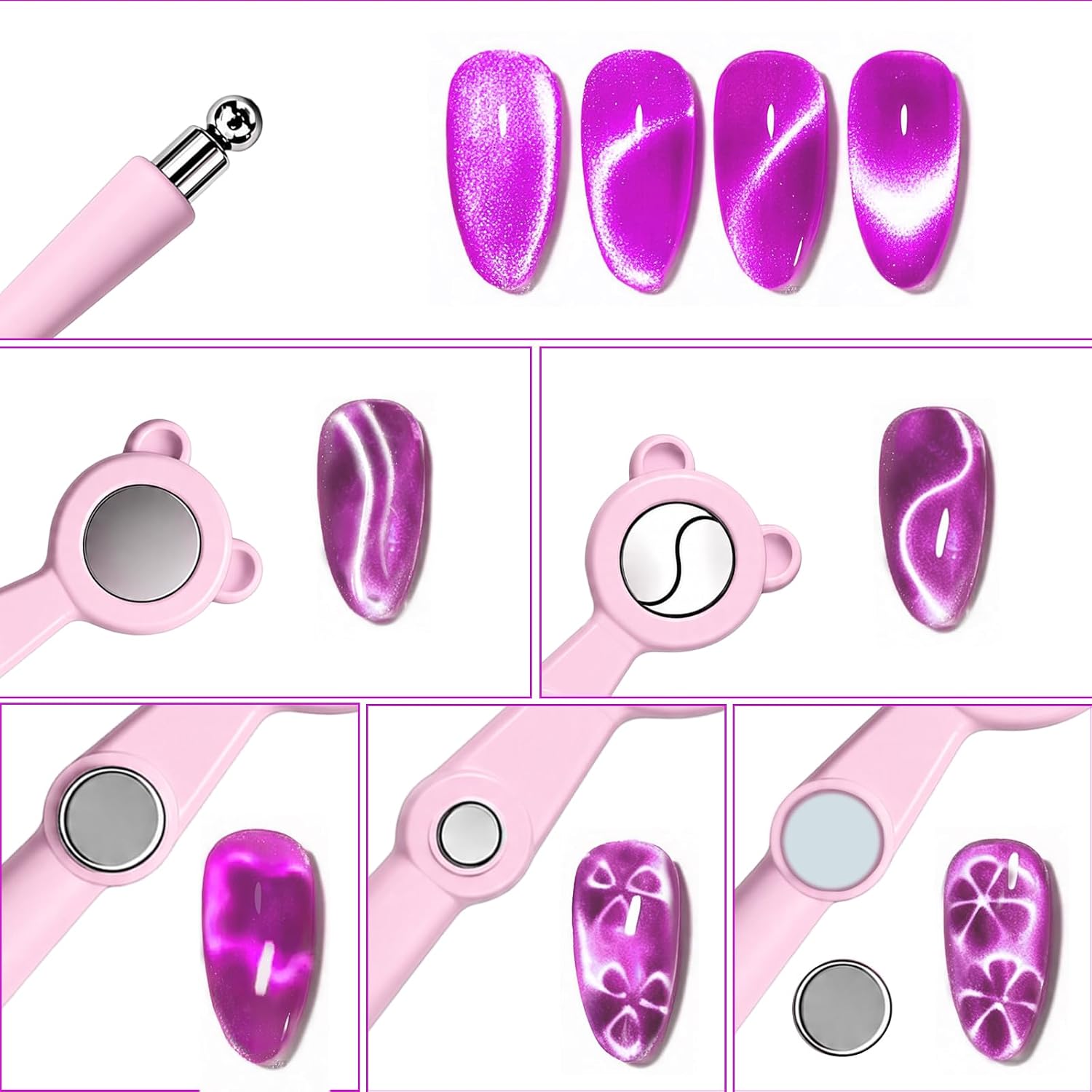 1Pc Dual-Head ‌5-in-1 Multifunctional Pink Cat Eye Nail Magnet