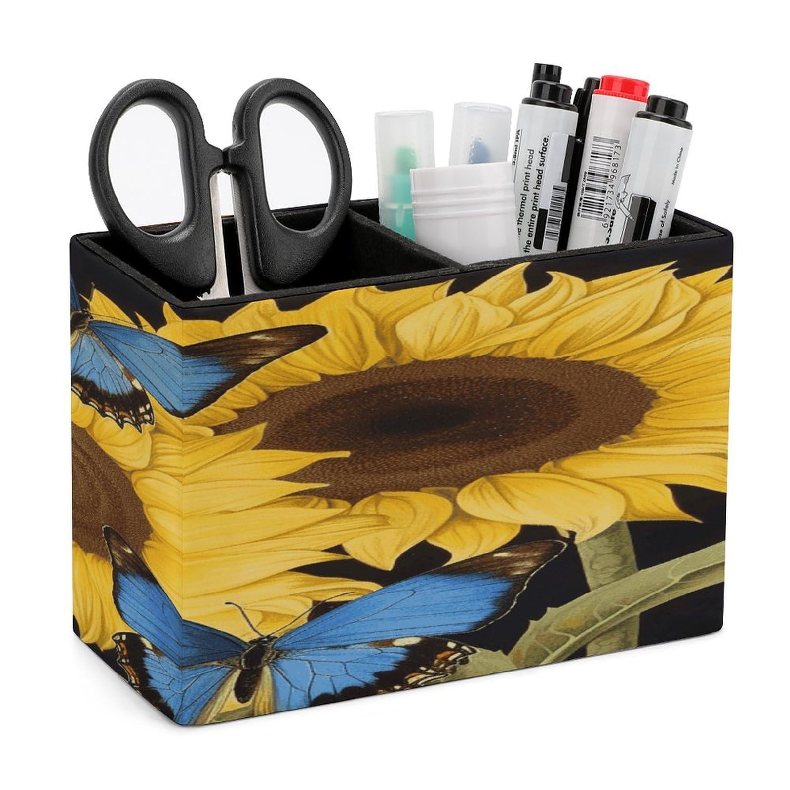 JTREHY Yellow Sunflowers with Blue Butterflies Pencil Holder Exquisite Fashion Leather Pen Receptacle Soft High-End Pen Container for Office Home Accessories Or Housewarming Present