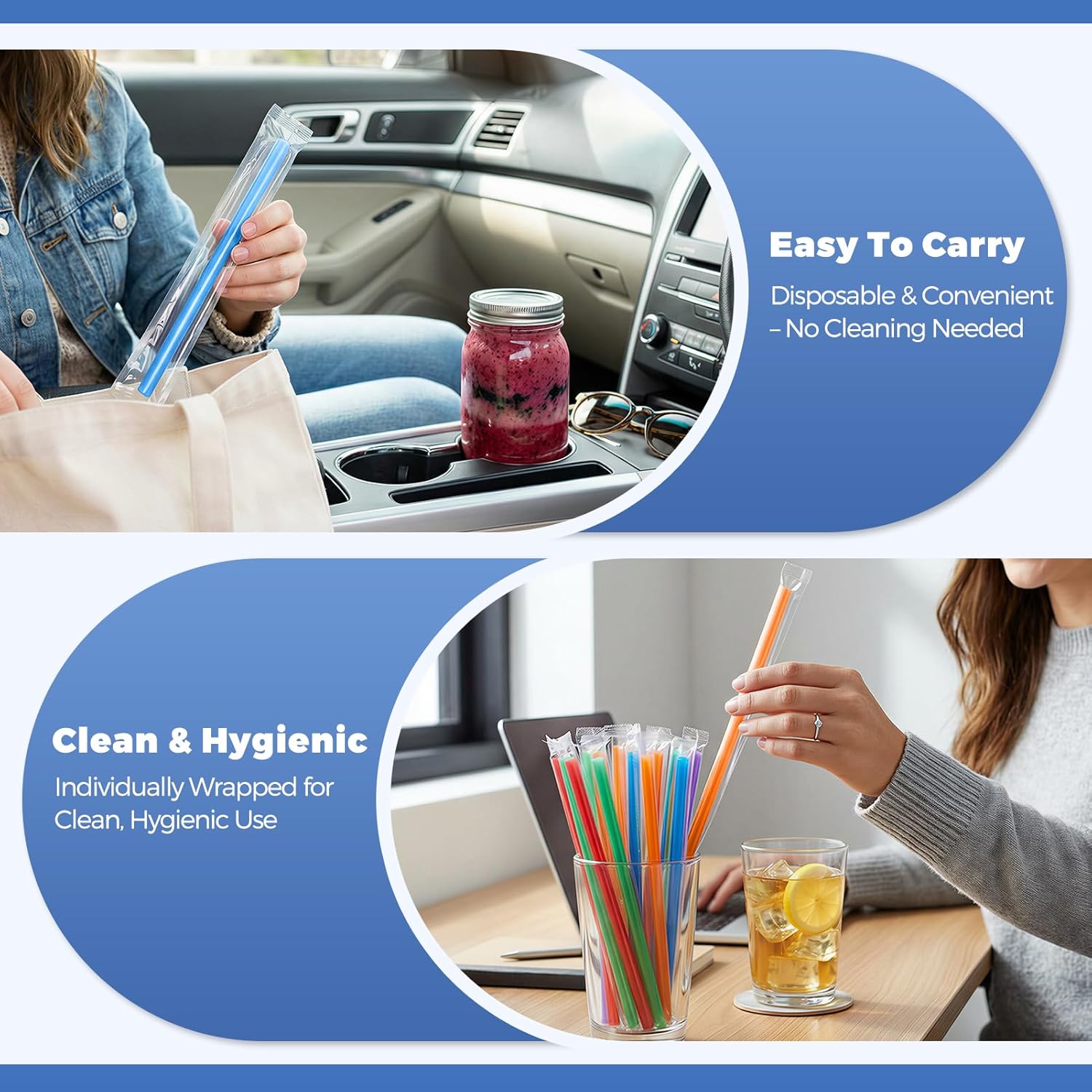 Glotoch Plastic Straws Disposable 300PCS, 8.5" Long Jumbo Smoothie & Boba Straws, Individually Wrapped Drinking Straws, Assorted Colors for Milkshakes, Bubble Tea & Party Cups
