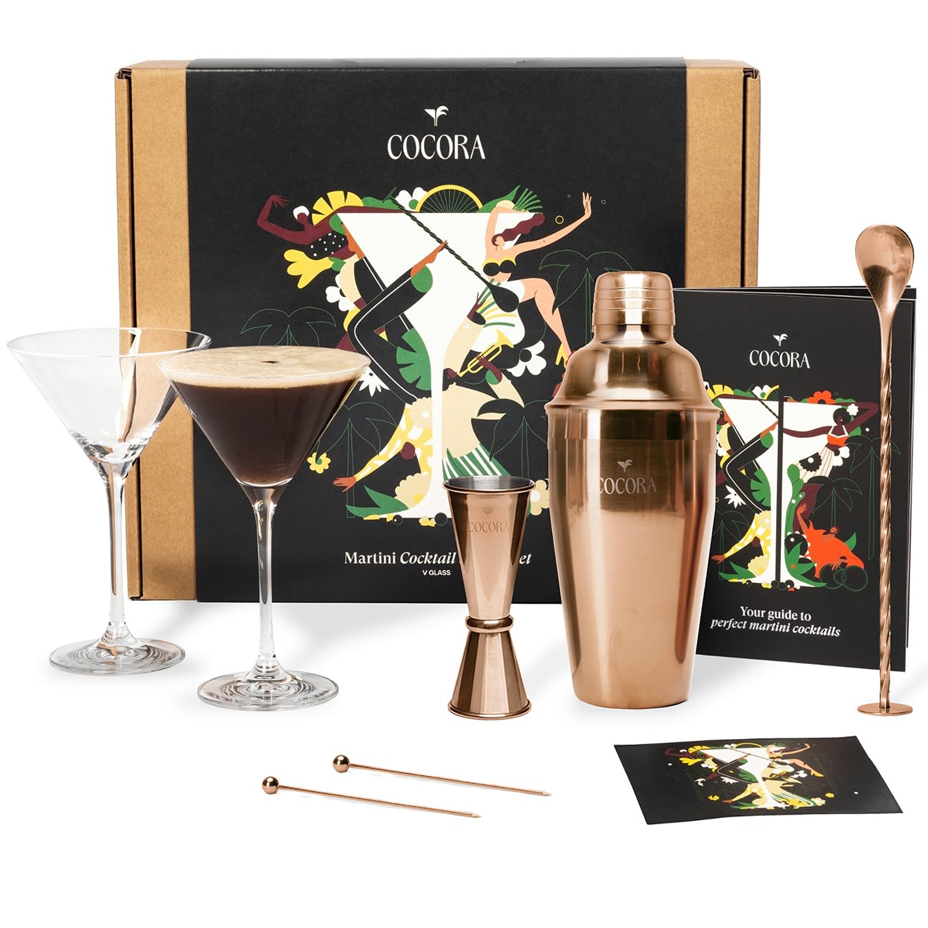 Cocora Martini Cocktail Set Regalo | Set Barman da 8 Pezzi | Kit Cocktail | Shaker Cocktail | Dosatore Cocktail | Bicchieri Cocktail | Cucchiaio Cocktail | Idea Regalo | Eco Friendly (Rose)
