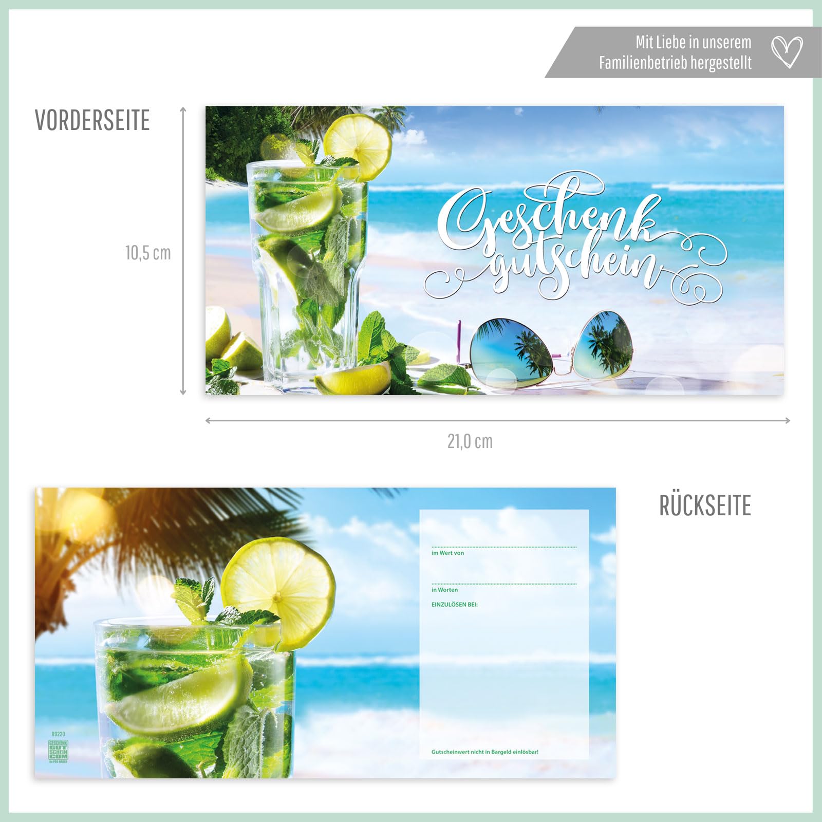GESCHENKGUTSCHEINcom. 50 Formulare zum Erstellen eigener Gutscheine + Kuvert + Schleife, für Reisebüro Reise. Reisegutschein. R9220-2-50