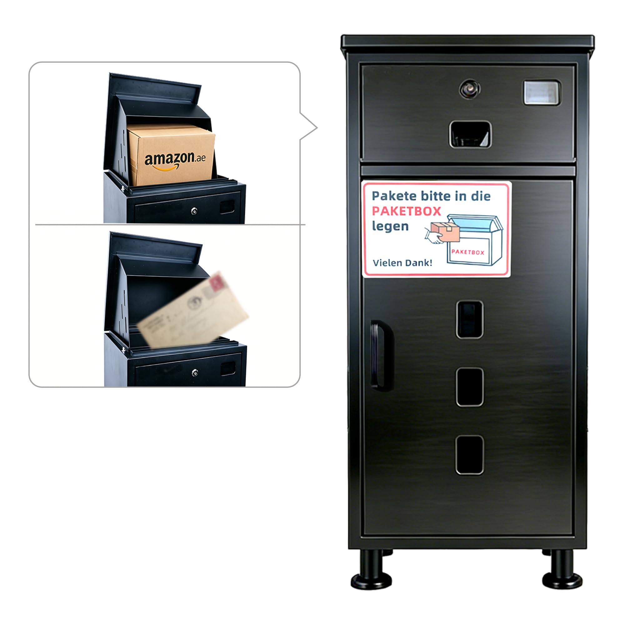 MOZIMO Outdoor parcel box with separate compartments for letters and parcels, adjustable feet (16-20 cm), waterproof in rain/snow. Ideal for gardens, patios, and uneven surfaces. XXL oversized.