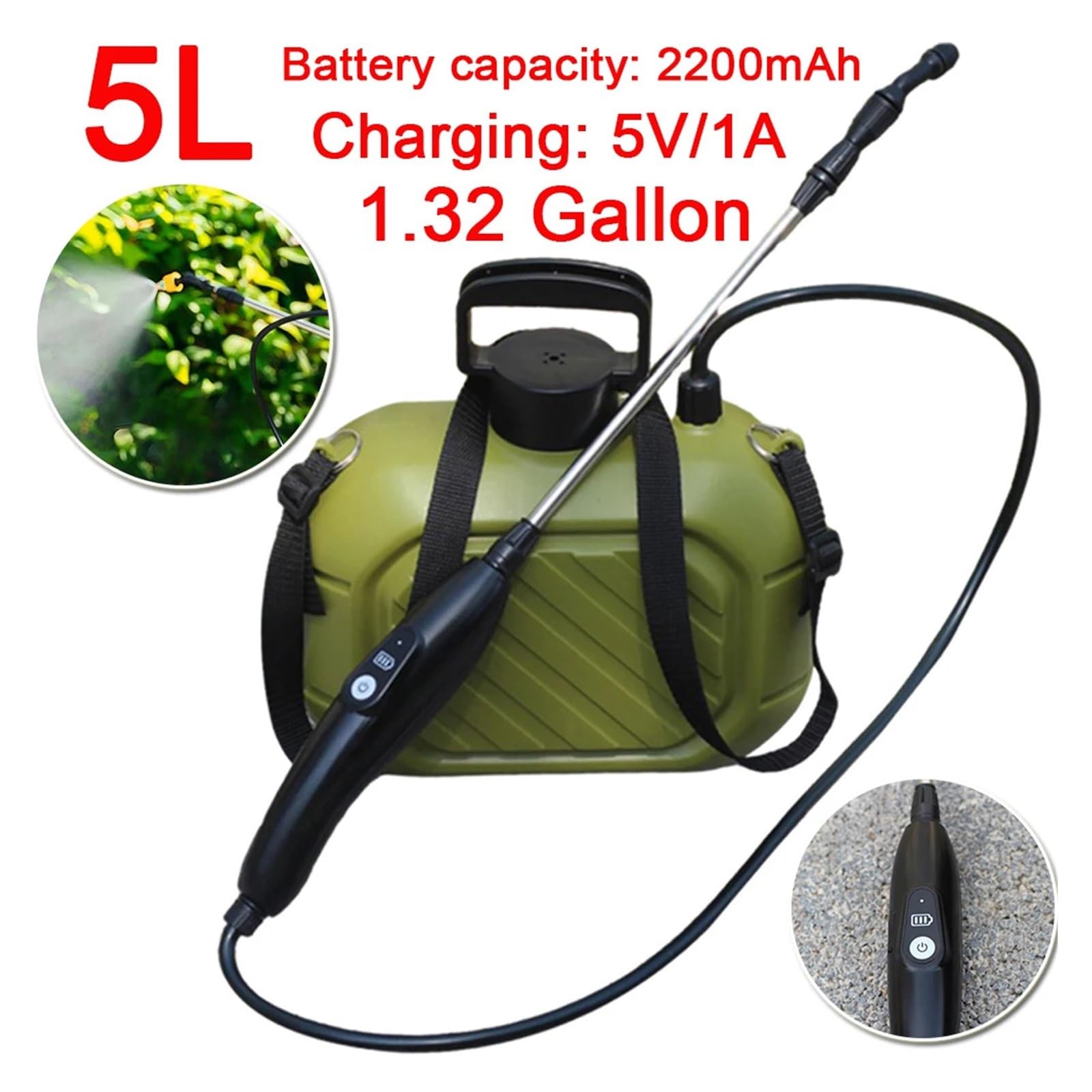Spruzzatore elettrico, Spruzzatore con pompa elettrica da 5 litri, spruzzatore agricolo portatile alimentato a batteria 2200 mAh a 2 modalità manico lungo for piante giardino
