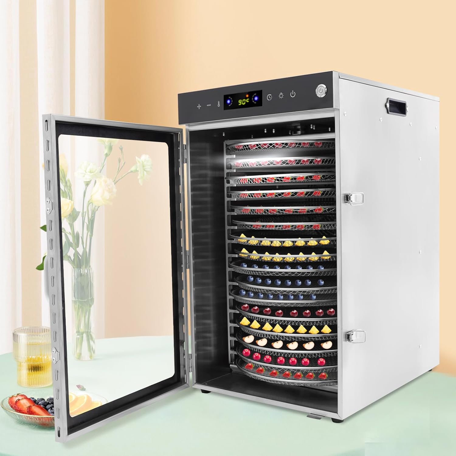 Food Dehydrator Fruit Dryer 16 Stackable Stainless Steel Trays, Fruit Dryer Machine Jerky Dehydrator for Meats Fruits Veggies, 1600W 110V