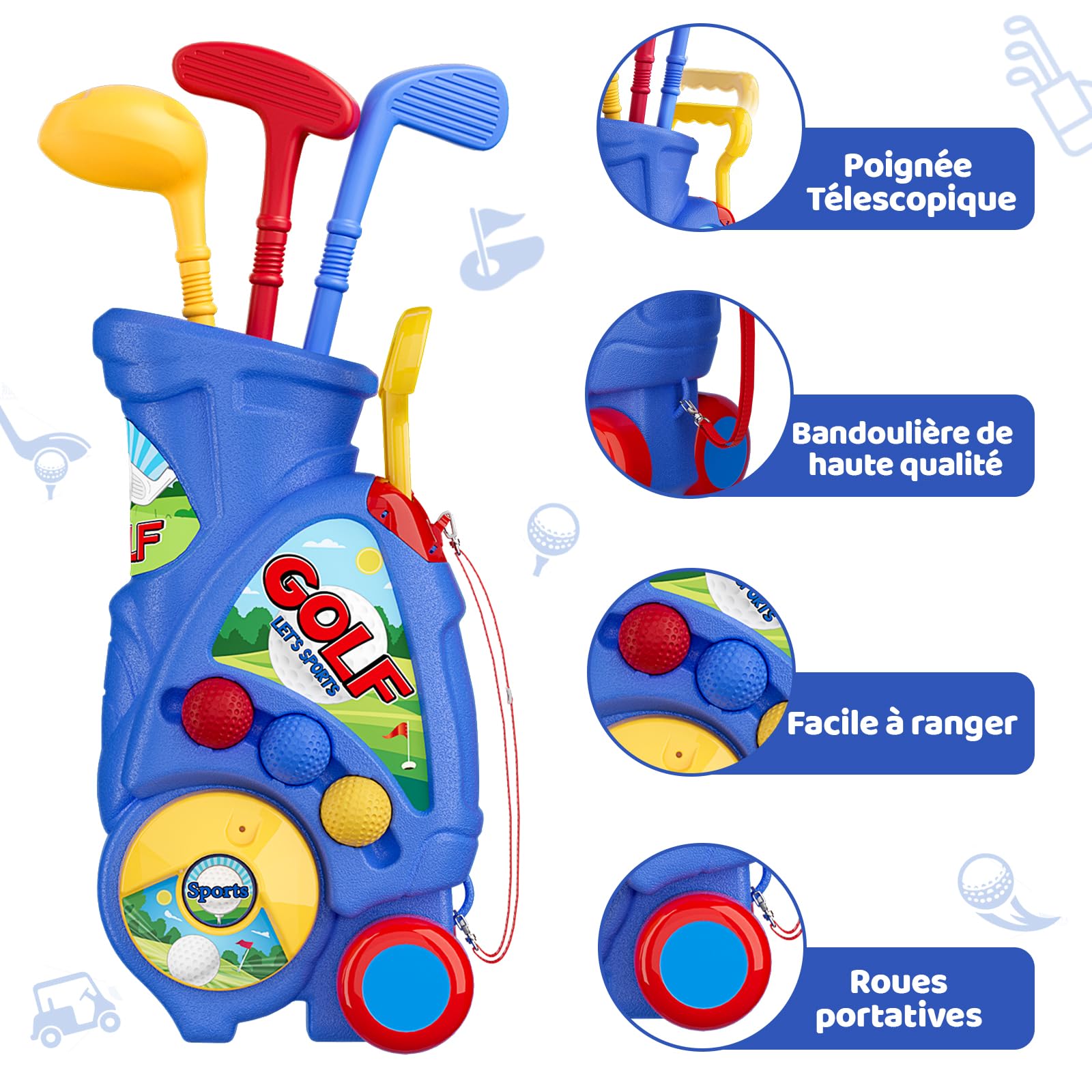 Naxudcoo Jouet Enfant 2 3 4 Ans Garçons: Jouet Golf Chariot de Golf Amélioré avec Sangle d'Épaule, Jeu de Golf pour Intérieur et Extérieur, Idéal Cadeau d'anniversaire, Noël pour Tout-Petits (Bleu)