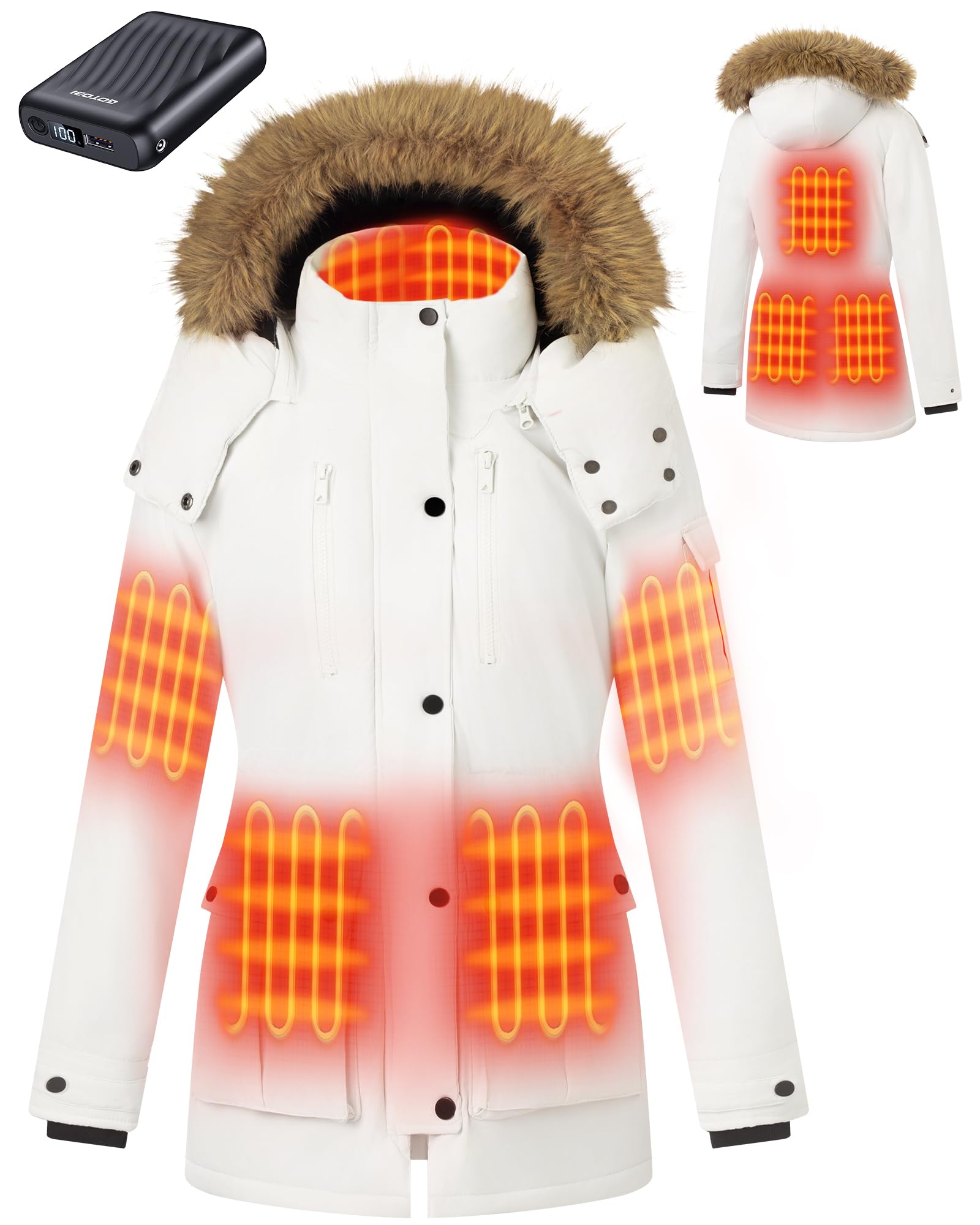 GOTOBI Heated Jackets for Women with 18400mAh 12V Battery Pack - Windproof Parka Womens Heated Jacket with Detachable Hood