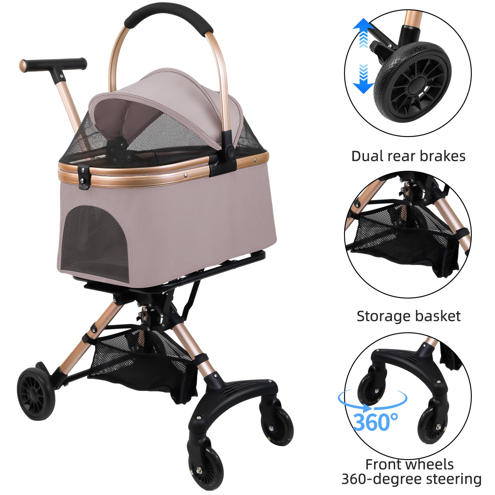 Poussette 3-en-1 Pliable pour Chien et Chat, avec Panier de Rangement, Rose | Avec Panier Détachable et Sac de Transport | 4 Roues 360° avec Laisse de Sécurité | Charge jusqu‘à 20 kg | 92x56x33cm