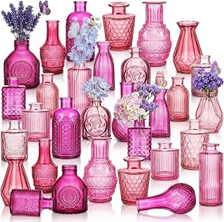 32 PCS Assorted Vintage Bud Vases, Colorful Glass Small Vases Bulk, for Centerpieces, Wedding Table Decor, Home Decorations & Gifts (Pink Seiris)
