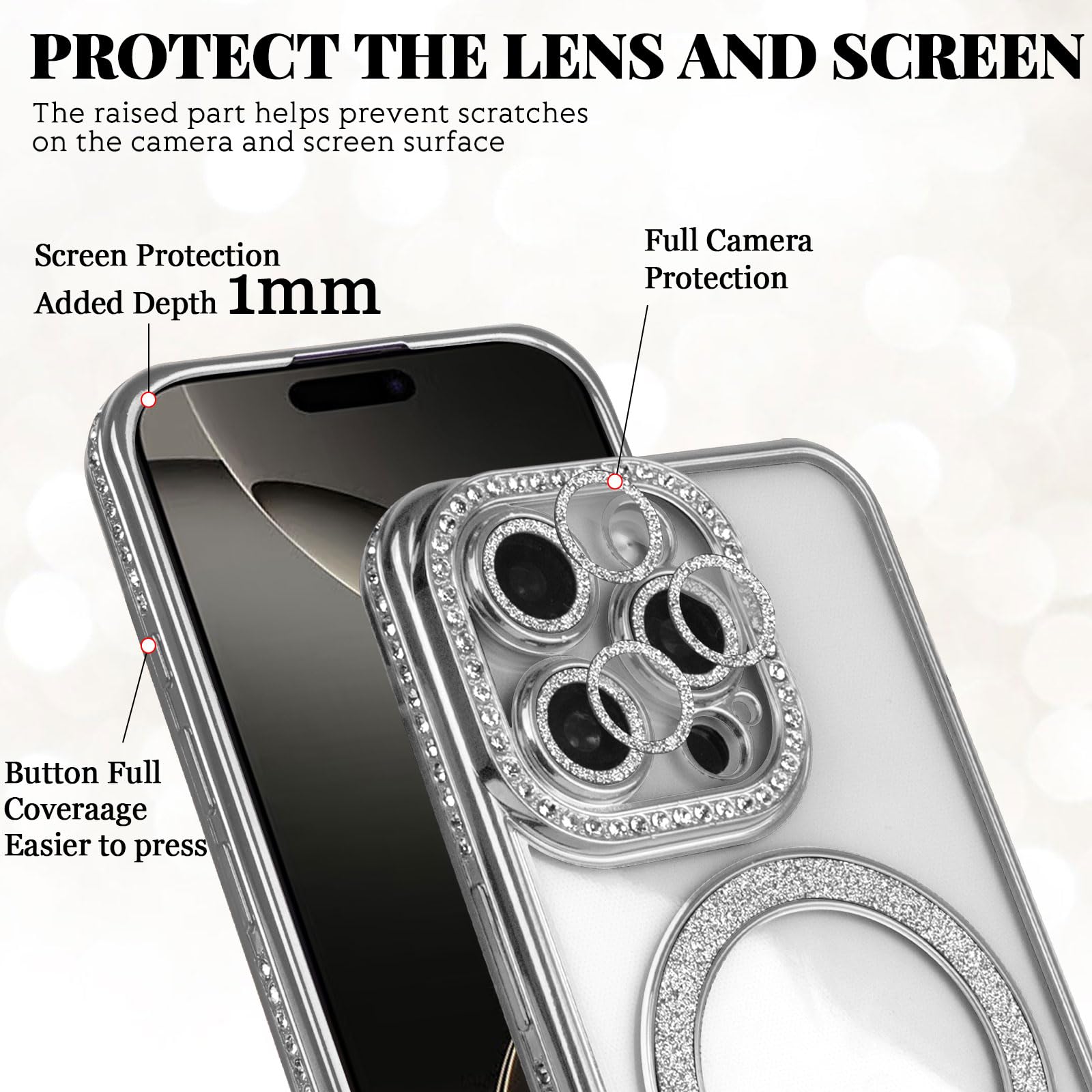 Glitzer‑Silikon‑Hülle Für IPhone 16 Pro Max | Magnetisch, Transparent | Mit Diamanten & Kameraschutz | Rosa