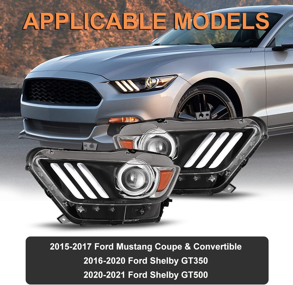 AUTOWIKI Headlights for 2015-2017 Ford Mustang with Black Housing Amber Reflector Clear Lens 2PCS