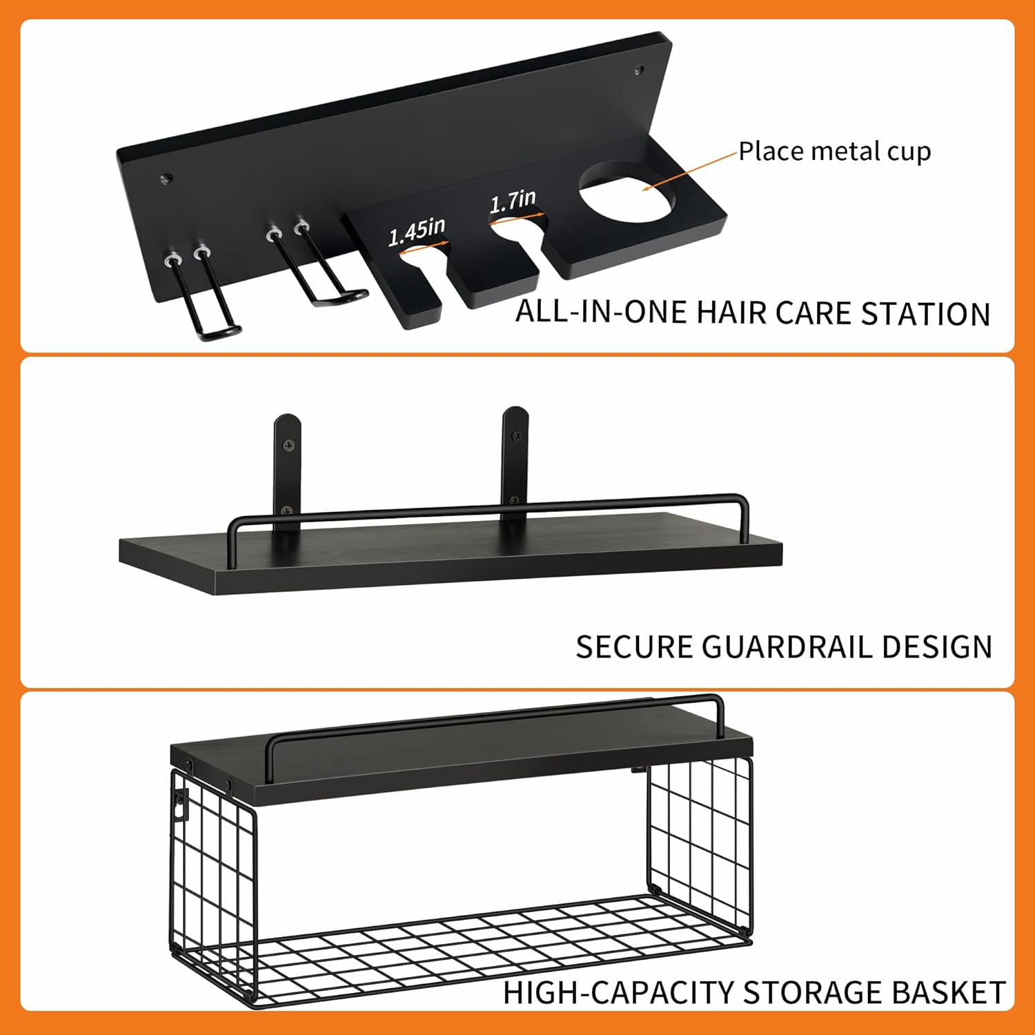 Wall Mounted Bathroom Organizer Shelves Over Toilet, 3-Tier Rustic Wooden Floating Shelf with Metal Basket and Hair Care Styling Tool Holder for Toilet Paper, Towels & Toiletries, Bathroom Decor