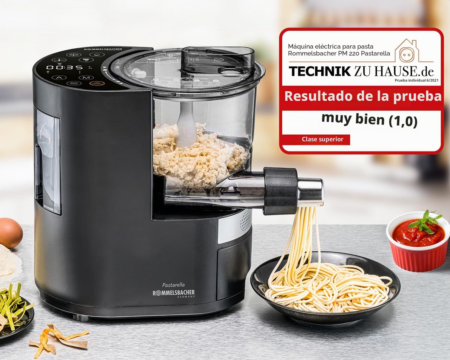 ROMMELSBACHER Máquina de pasta eléctrica PM 220 – hasta 800 g, báscula integrada, suministro de agua controlado, 6 programas totalmente automáticos, tornillo prensado de acero inoxidable, 7 moldes