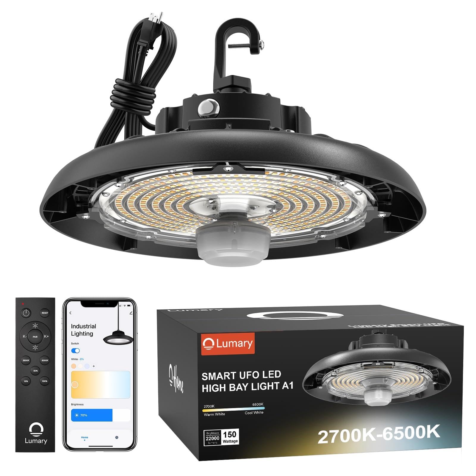Lumary Smart UFO Led High Bay Light 150W 22 000lm 2700K-6500K Dimmable Shop Light Compatible with Alexa Google