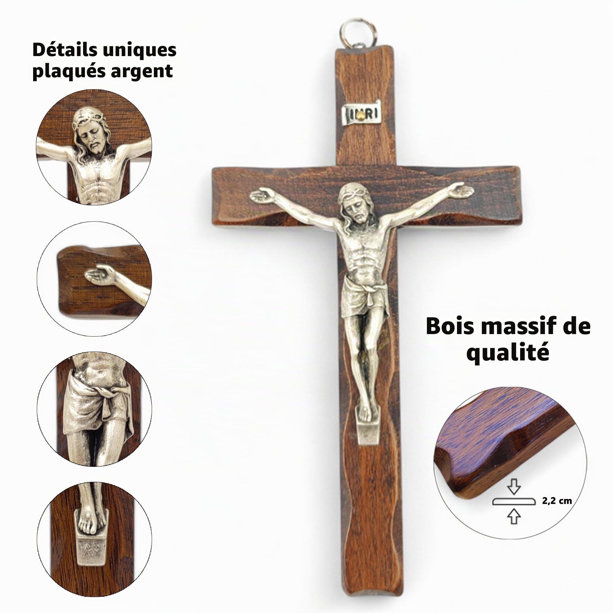 Crucifix mural en bois avec Christ argenté, fabriqué en Ombrie, Italie, 25 x 14 cm