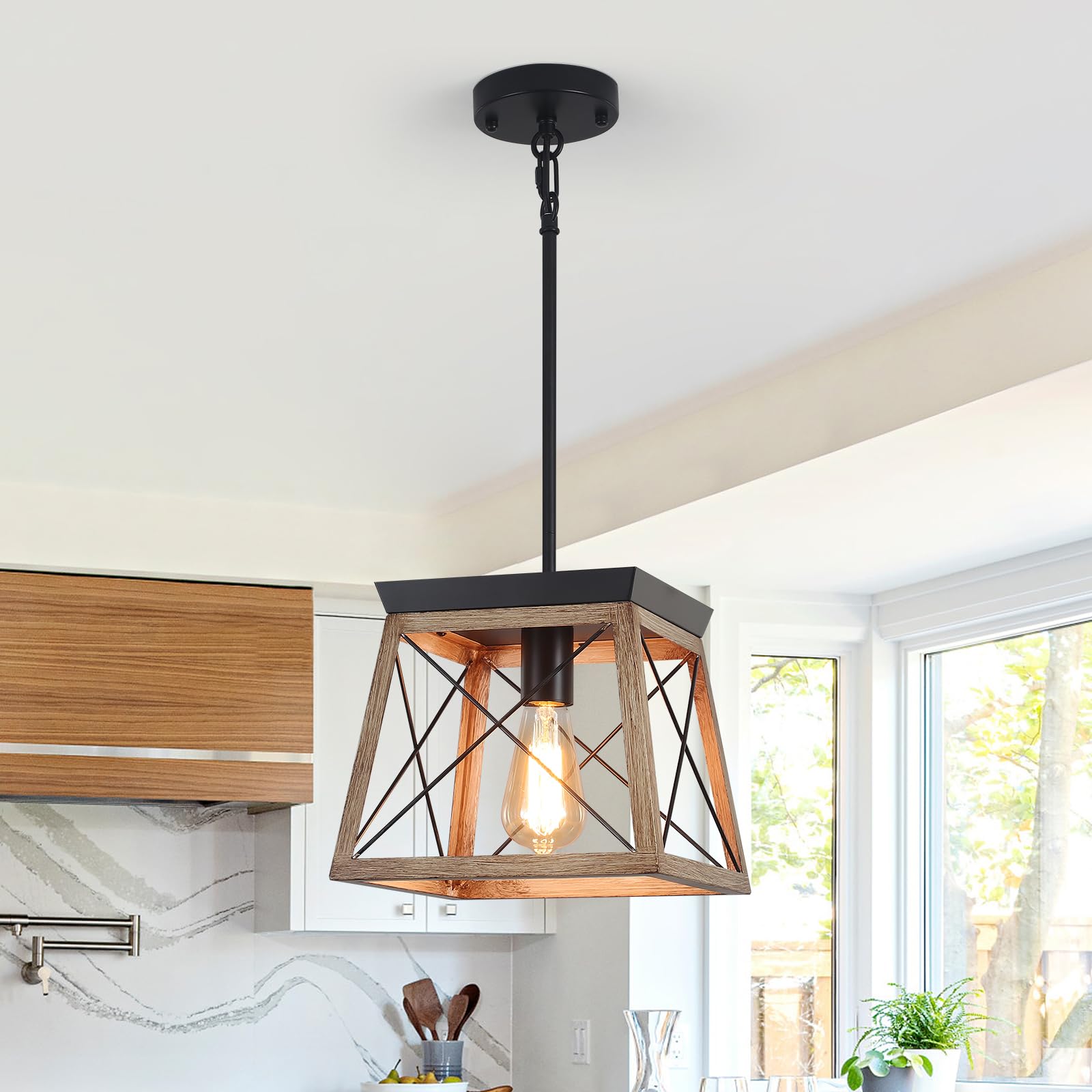 Garwarm Retro Pendant Light Metal Cage with Wooden Finish,1-Light Rustic Lantern Chandelier,Adjustable Height Hanging Light Fixture for Bar Cafe Restaurant Hotel Kitchen Island Dining Room