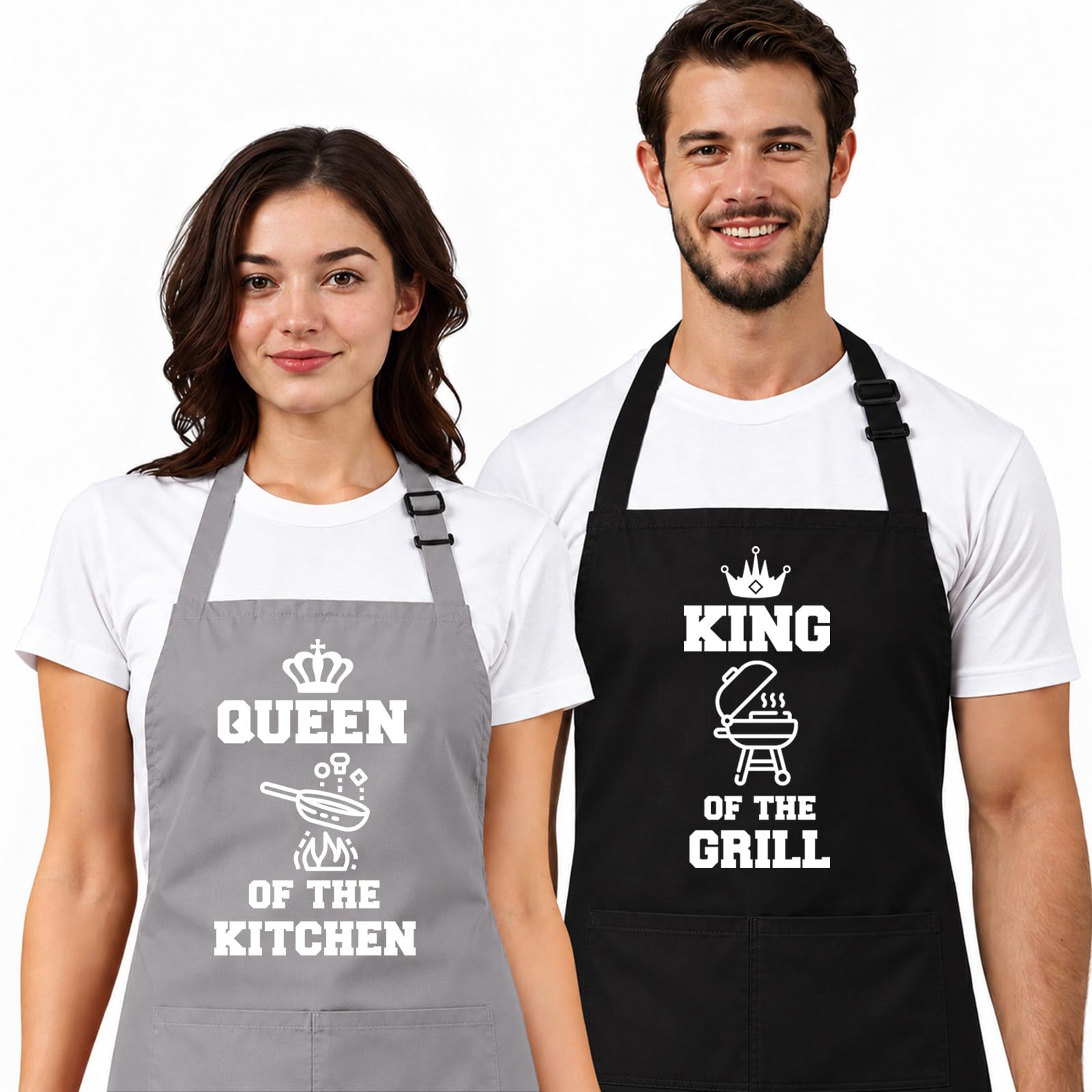 FUNPRON Küchenschürze, 2 Stück, lustig, für Paare, verstellbare Küchenschürze mit 2 Taschen, für Damen und Herren, für Verlobung und Hochzeit