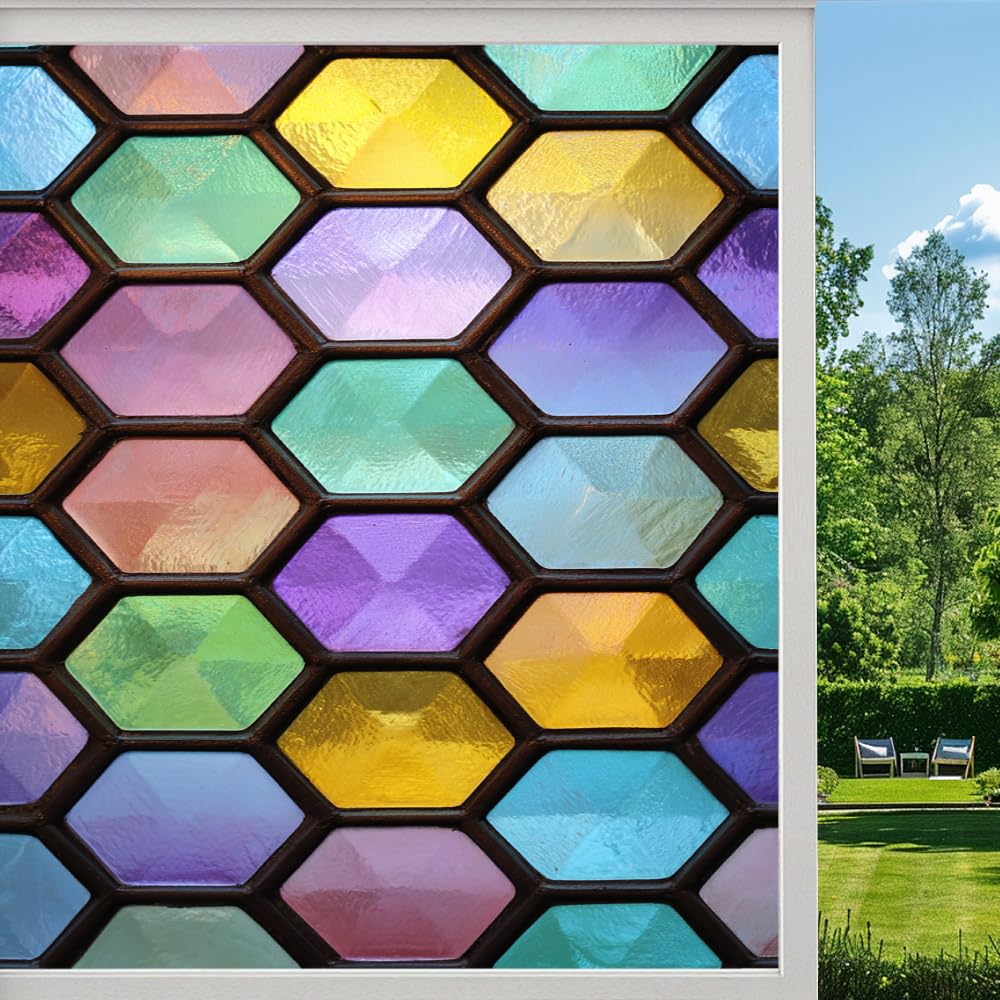 Pmlbaous Geometric Shapes Stained Glass Window Film, Colorful Abstract Hexagon Peel And Stick Privacy Film, Frosted Adhesive Vinyl Decorative For Bathroom Windows Glass Doors, （80X120cm）
