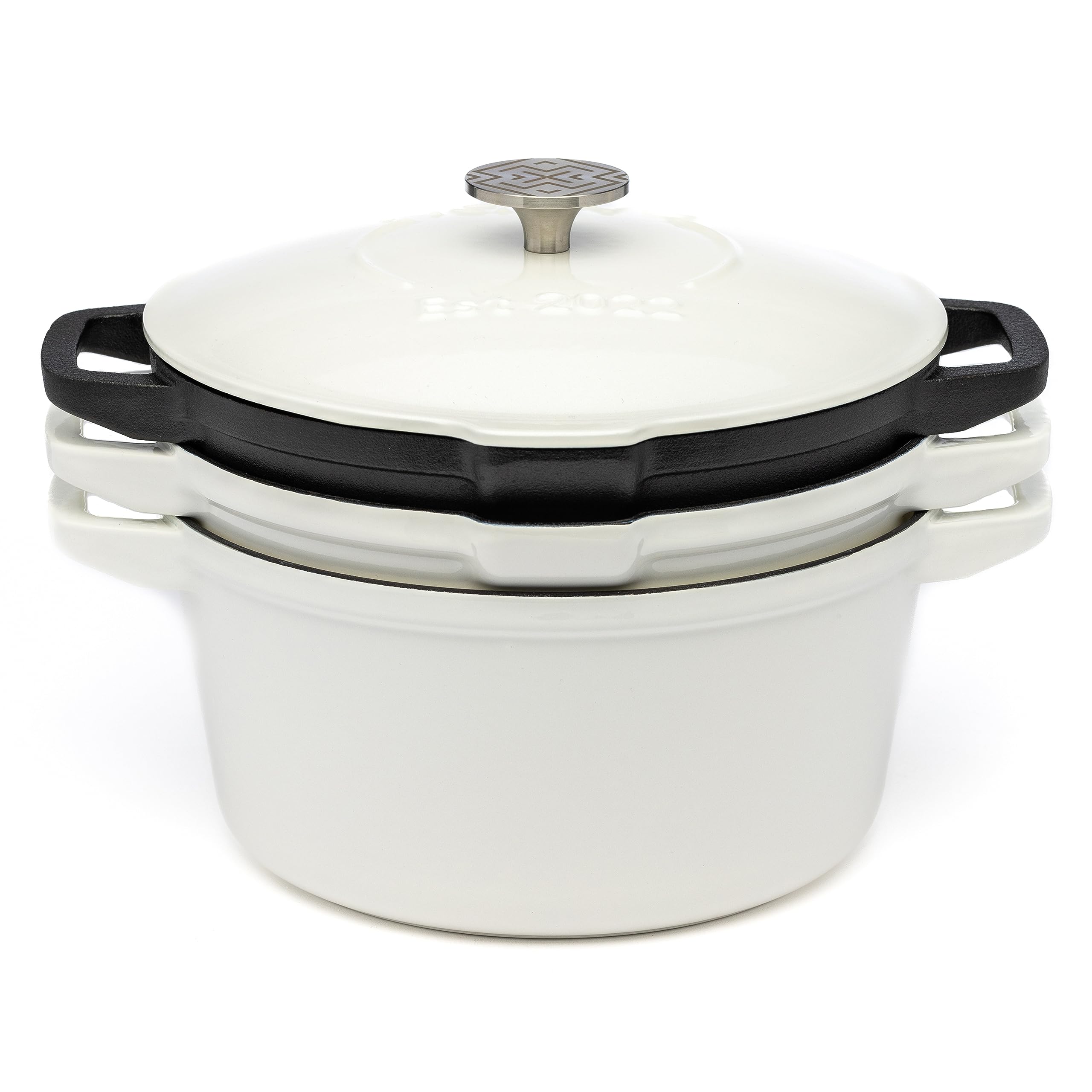 NATIVO5pc Stackable Cast Iron Cookware Set, Versatile Enamel Dutch Oven, Seasoned Grill Pan & Enamel Braiser with Precision Pour Spouts, Universal Lid, Included Spacers/Handle Holders, White Dutch