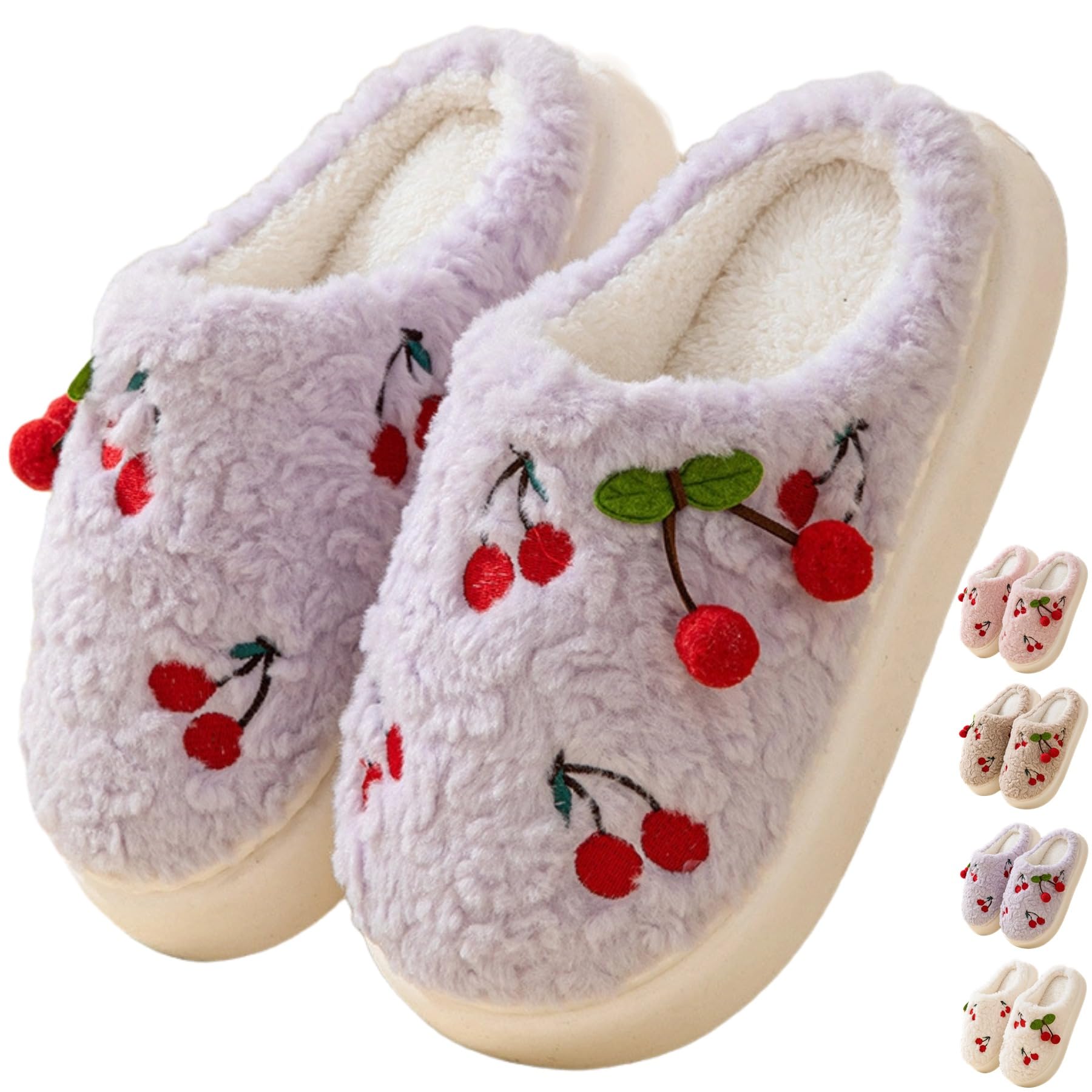 iwhgrmp Women's Cherry Slippers Cozy Winter Warm Fuzzy Slippers with Non-Slip Sole Cute Indoor Home Slip On Plush Bedroom House Shoes Gifts