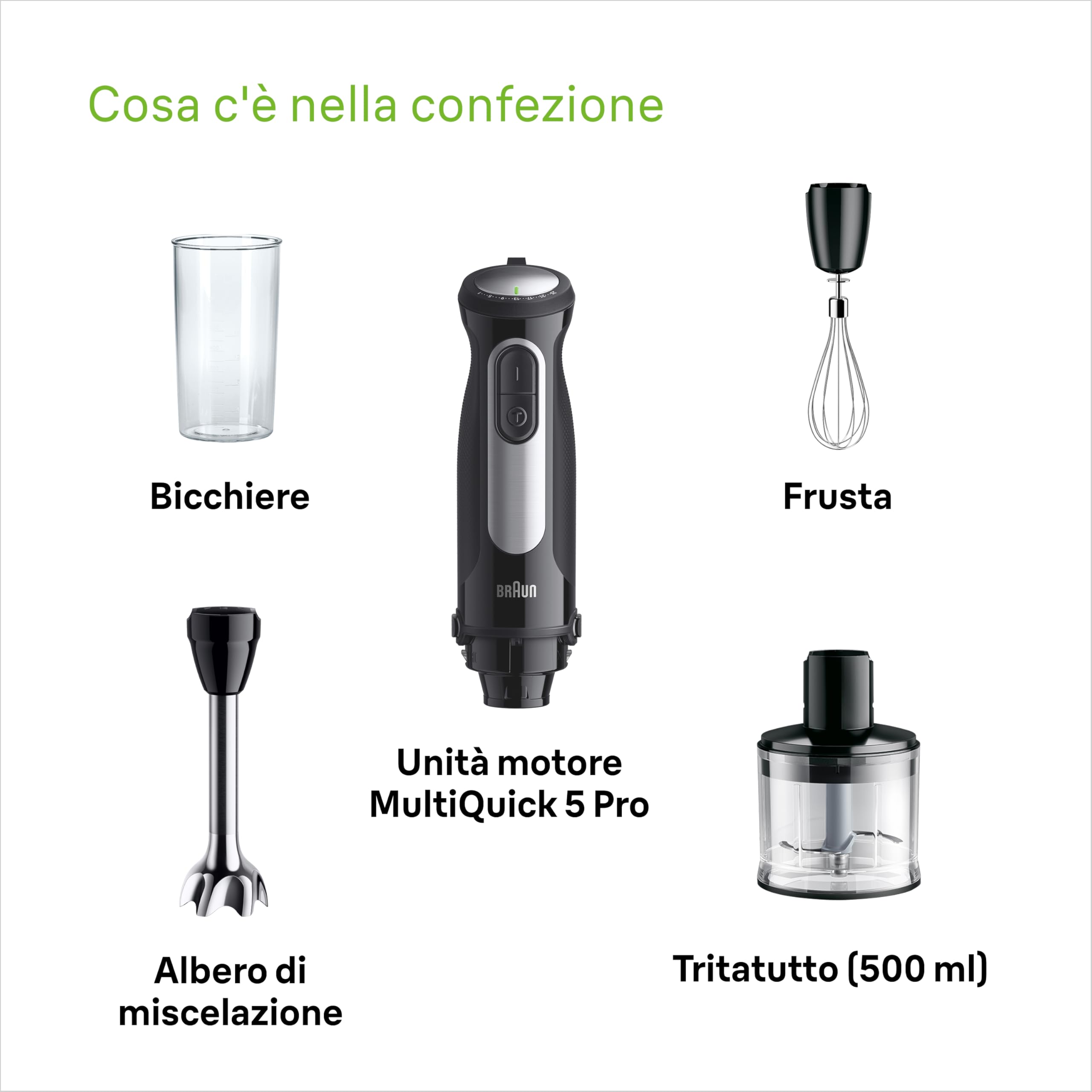 Braun Multiquick5 Pro MQ55236M, MINIPIMER CON 5 ANNI DI ASSISTENZA, Frullatore ad immersione, 25 velocità di lavorazione, Antischizzo, 1000W, 3 accessori, nero
