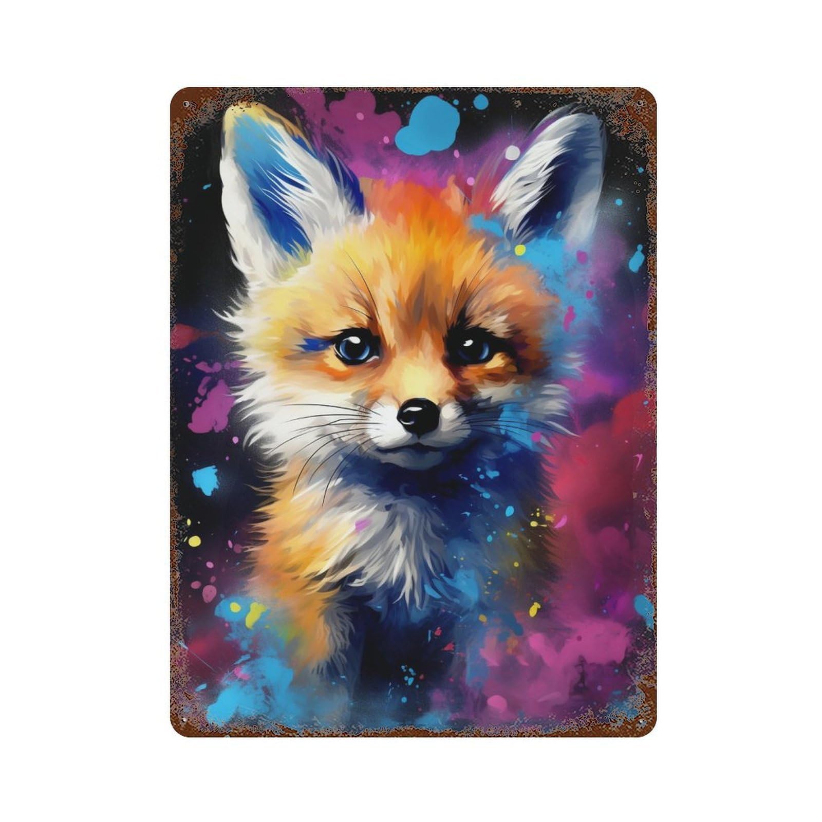 Vintage Rust Metal Sign Colorful Fox Art Print-2 15.7"x11.8", Old School Wall Decor for Office, Studio And Wall Decor