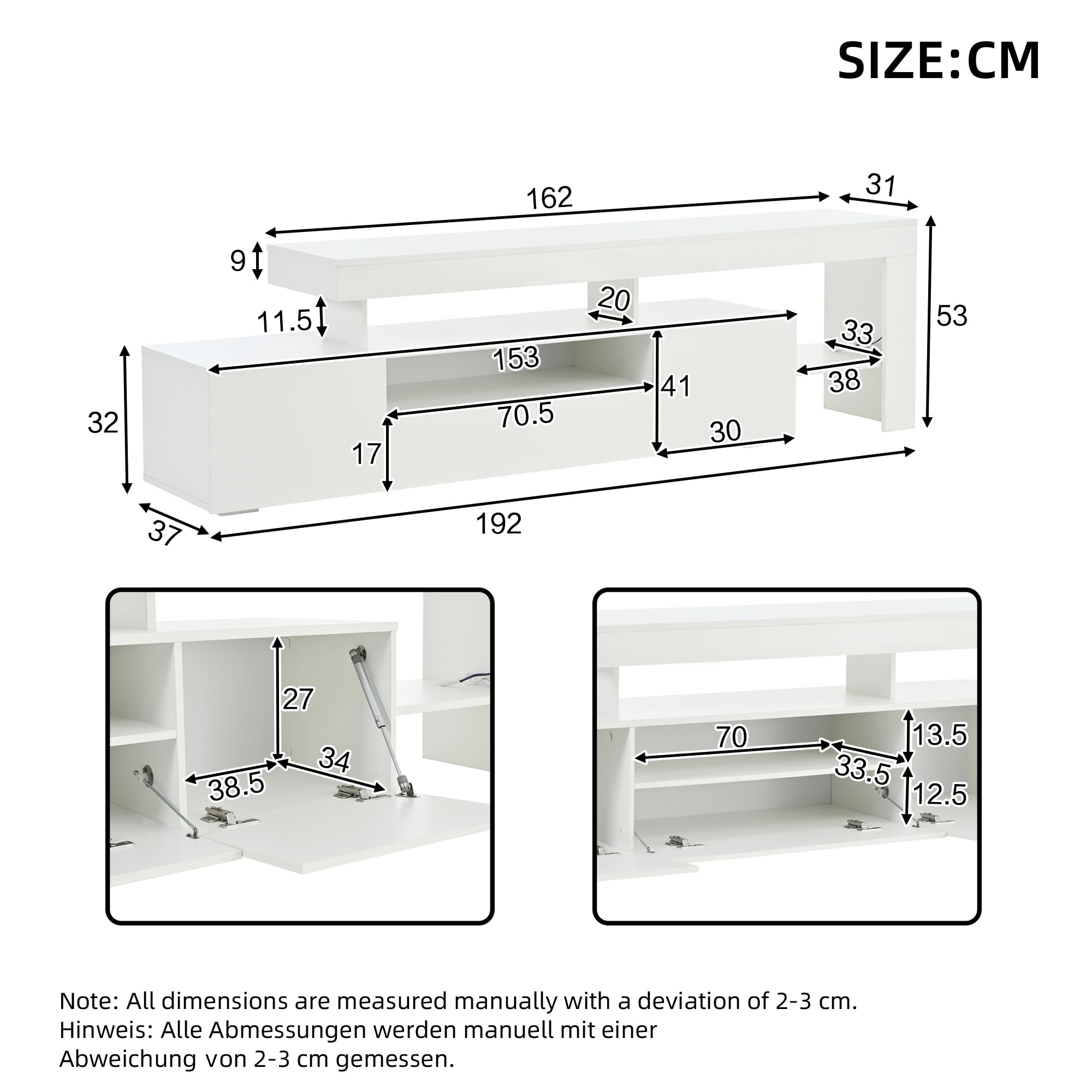 Mueble de TV blanco 192 x 37 x 53 cm, con tres compartimentos, iluminación LED, base y soporte de TV brillantes, estante de TV y mueble, apto para televisores de hasta aproximadamente 85