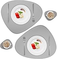 Vista 21 de Juego de 2 manteles individuales y posavasos de piel sintética, redondos de cuero para mesa de comedor, resistentes al calor, antideslizantes