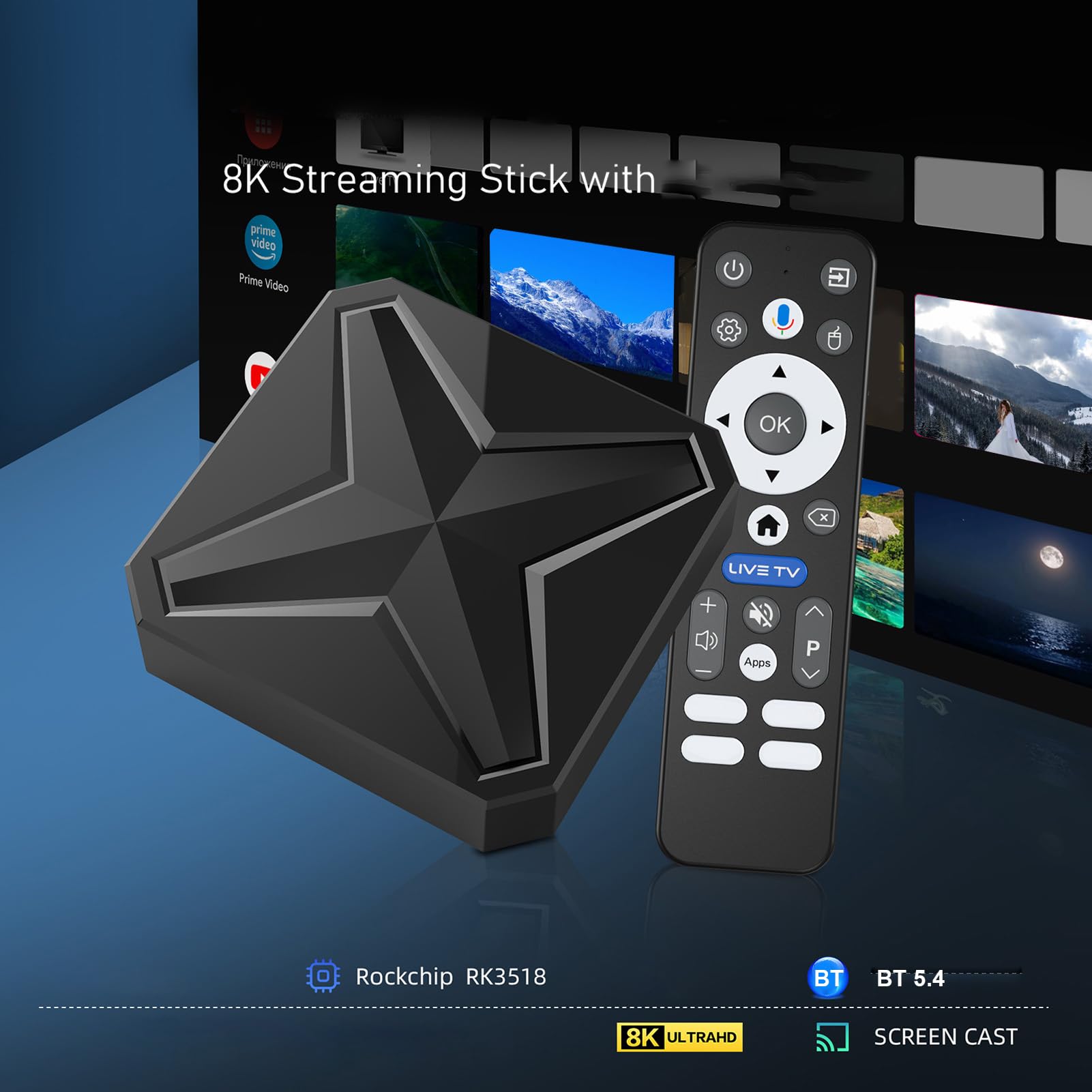 Fabater Android 14 TV Box, Android TV Box 8K Ultra HD z 2GB RAM i 16GB ROM, RK3518 Quad-Core A53 CPU i Mali 450 MP2 GPU, Smart z WiFi 6 2.4/5.8GHz i Bluetooth 5.4 (wtyczka UE)