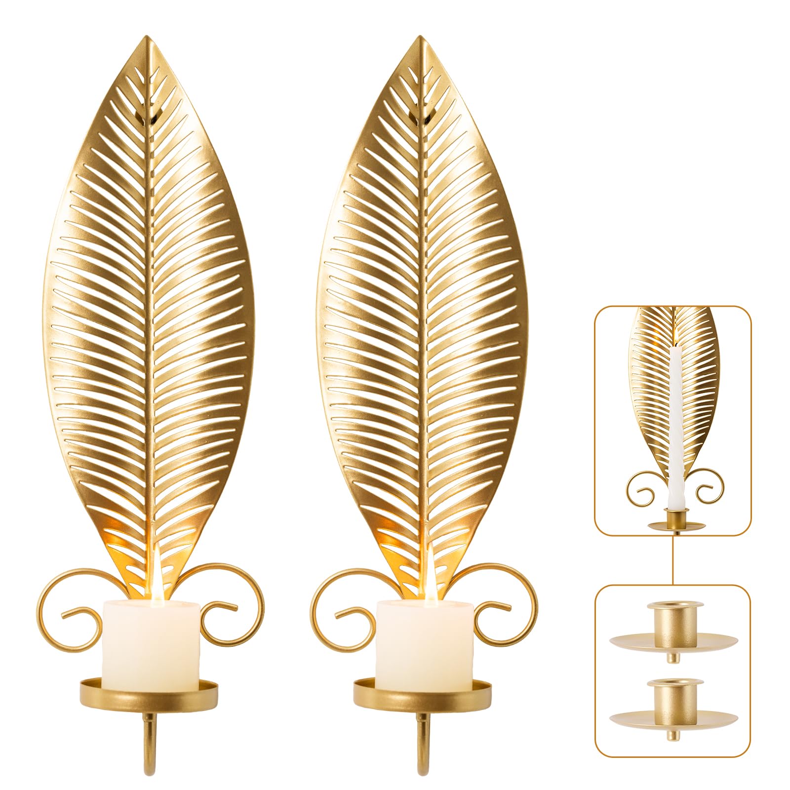 Gold Wall Candle Sconces Set of 2, Taper &amp; Pillar Wall Iron Candelabra, Metal Golden Leaf Decor Sconce for Entryway Stair Corner Living Room, Farmhouse Fireplace,Gifts for Men Women Mom or Dad(Gold)