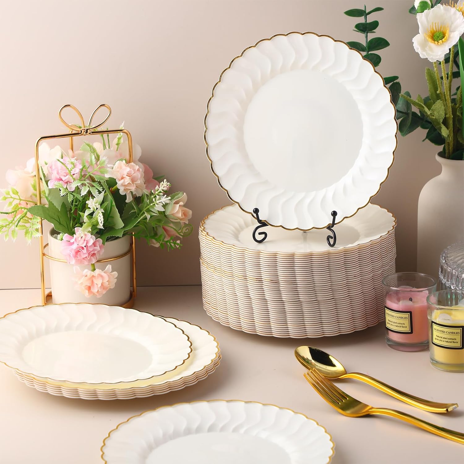 Mifoci 100 Pcs 7.5 Inch Ivory with Gold Rim Plastic Disposable Plates Bulk Salad Dessert Appetizer Cake Plates Elegant Fancy Plastic Tableware for Party Holiday, Wedding, Catering Table Decoration - Image 5