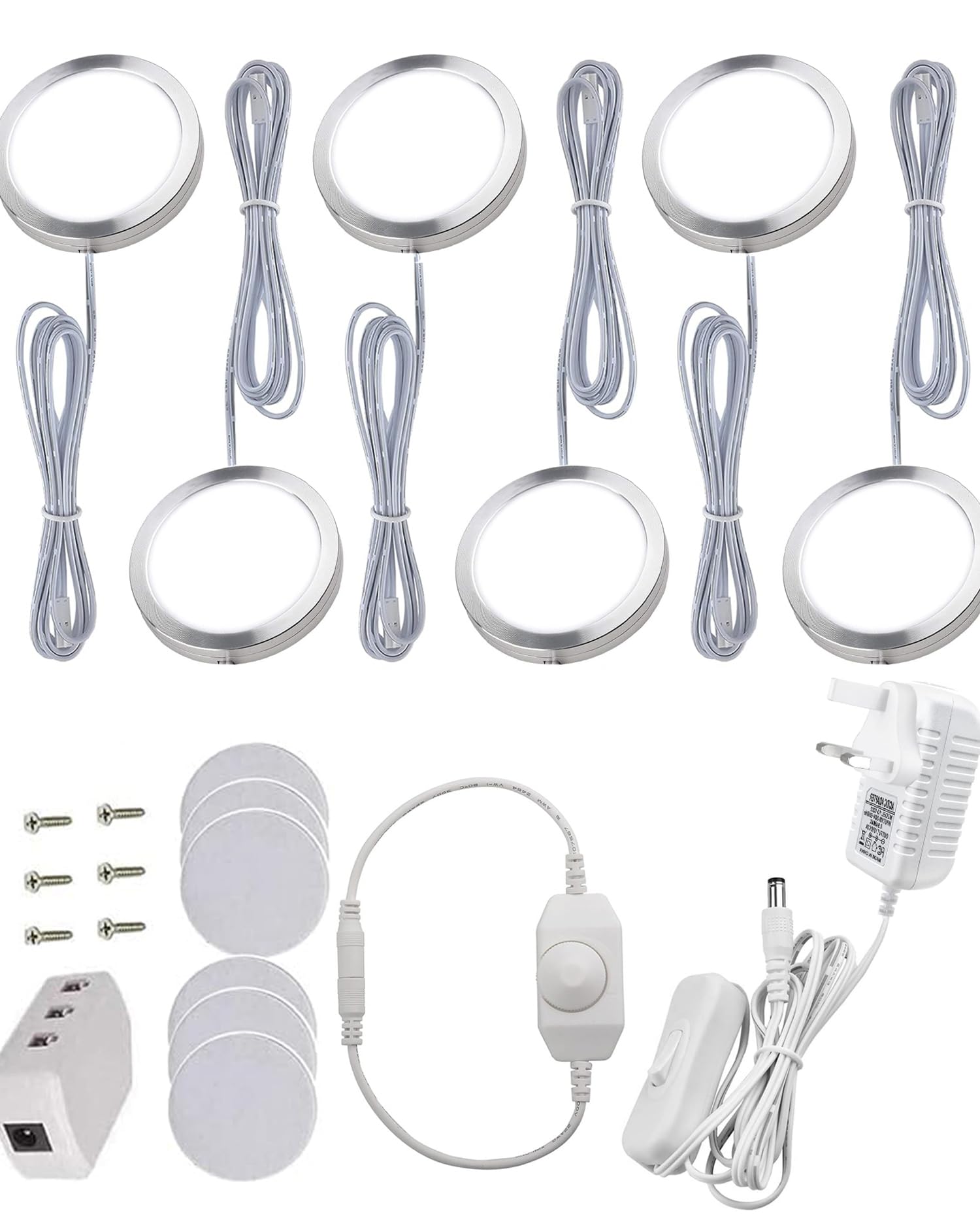 Cefrank White Under Cupboard Lighting, 6Pcs Dimmable Led Puck Lights, Kitchen Lighting For Display Cabinet, Wardrobes, Under Counter, Tv Units, Bookcase - Uk Plug - 6000K 1020Lm