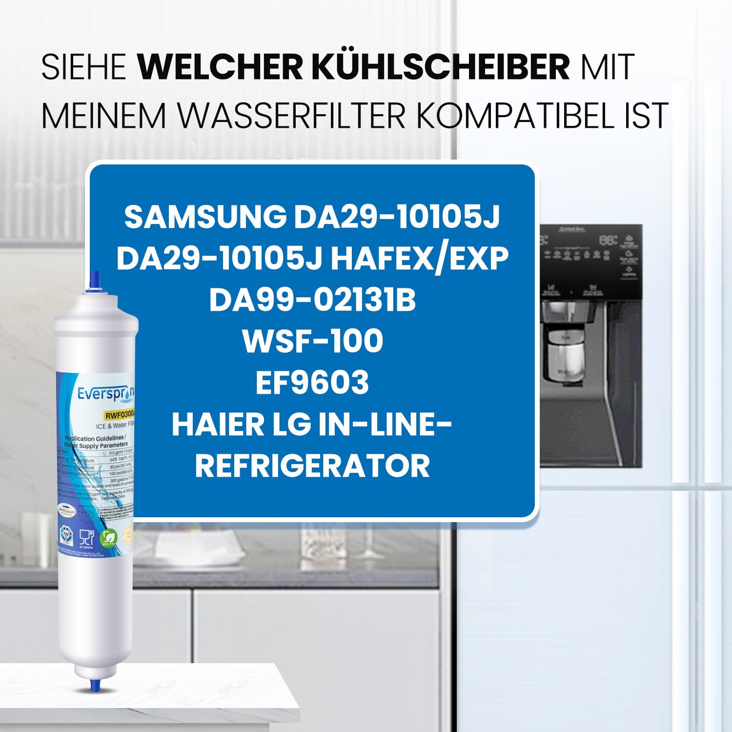 EVERSPRING Filtr wody do lodówki Kompatybilny z Samsung DA29-10105J, DA29-10105J HAFEX/EXP, DA99-02131B, WSF-100, EF9603, LG Inline Lodówka, 4 sztuki.
