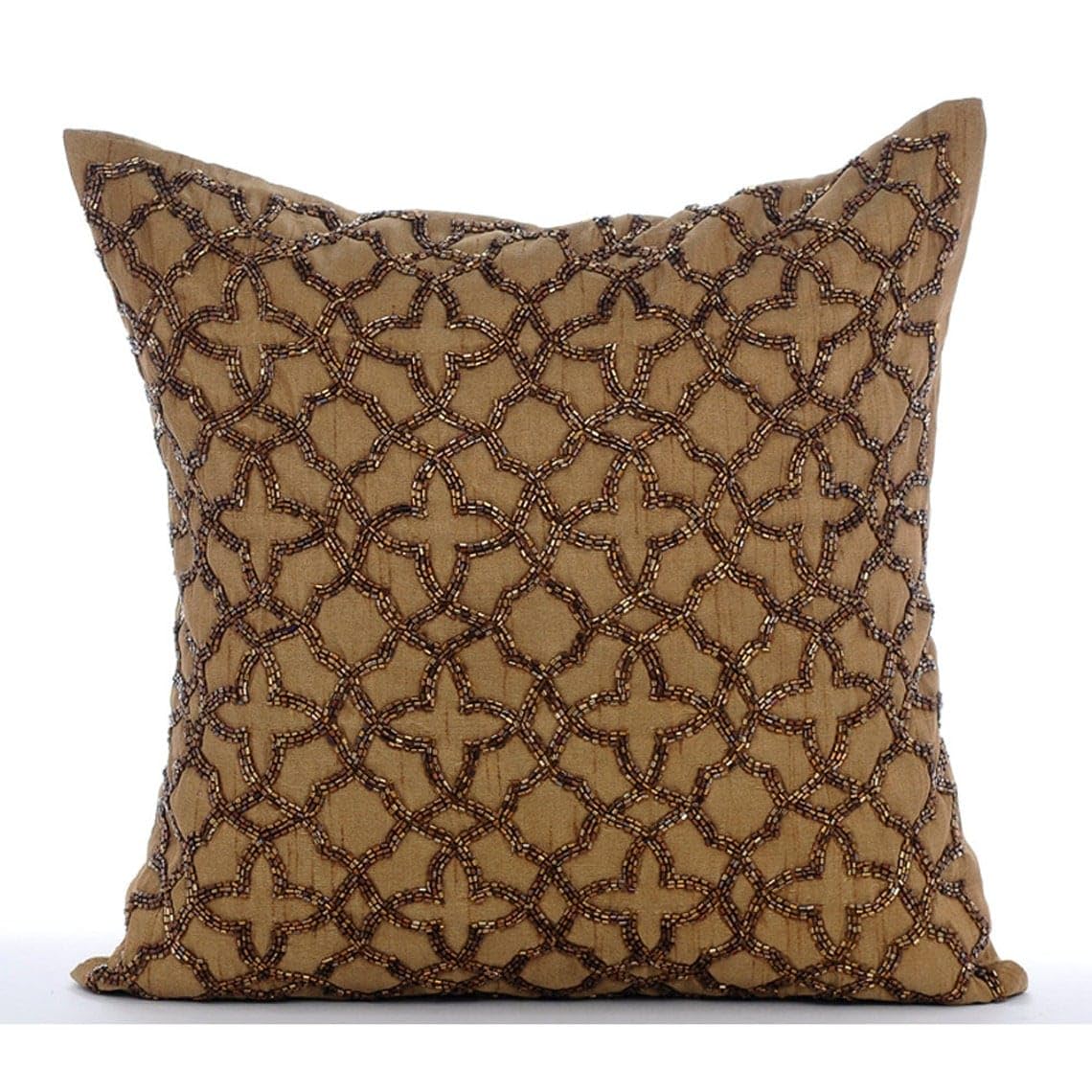 The HomeCentric Gold Celebration - 30x30 cm Square Decorative Throw Cushion Cover Gold Brown Color Silk Cushion Cover With Bead Embroidery โ image 1