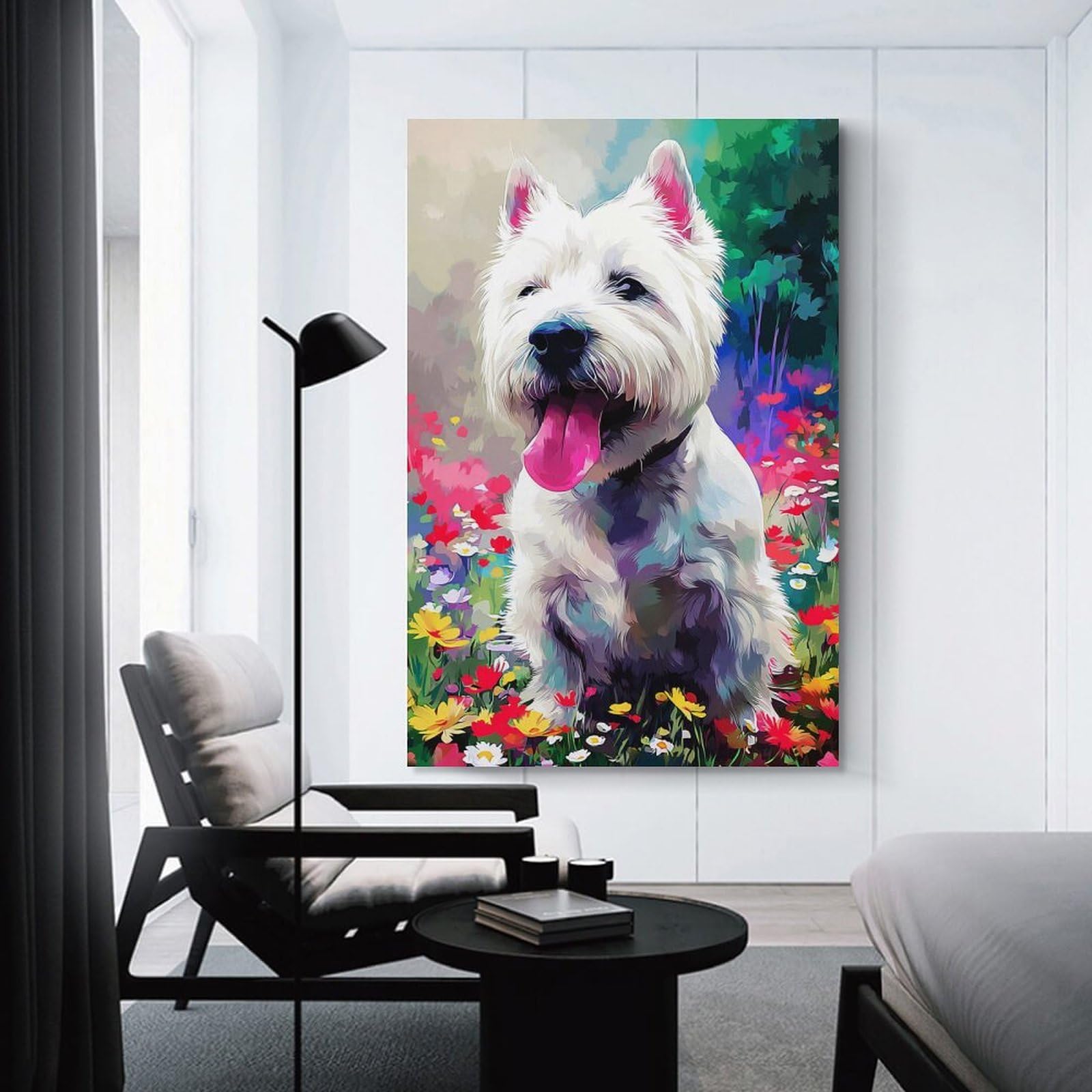 Junmoney Canvas Wall Picture Floral Field with Happy Dog, 20x30inch(50x75cm), for Home Lounge, Bedroom Or Reading Nook, A Home Accent with Warm Character