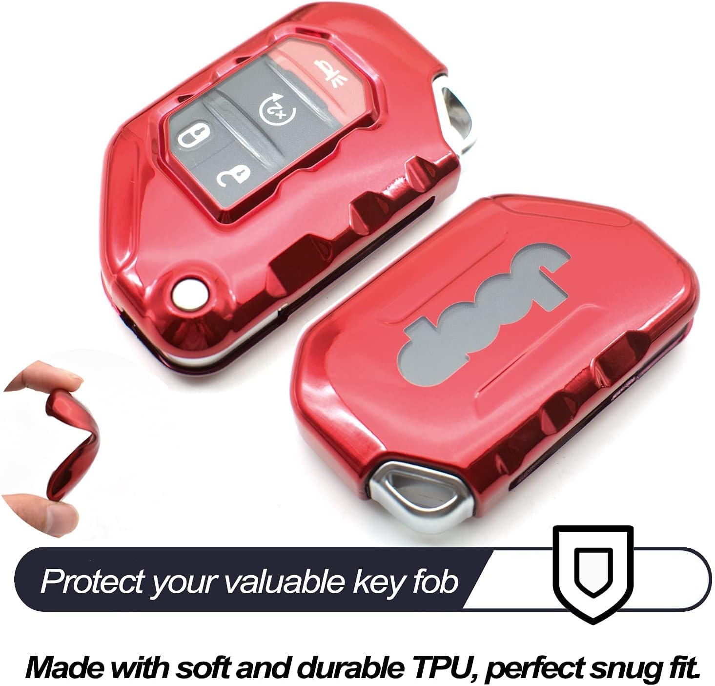 MECHCOS Metal Key Chain and TPU Key Fob Cover Case Fit for Jeep Wrangler JL JLU Rubicon Jeep Gladiator JT Sahara JLU OHT1130261 Red Flip Remote Holder Skin Protector Keyless Entry Sleeve Accessories