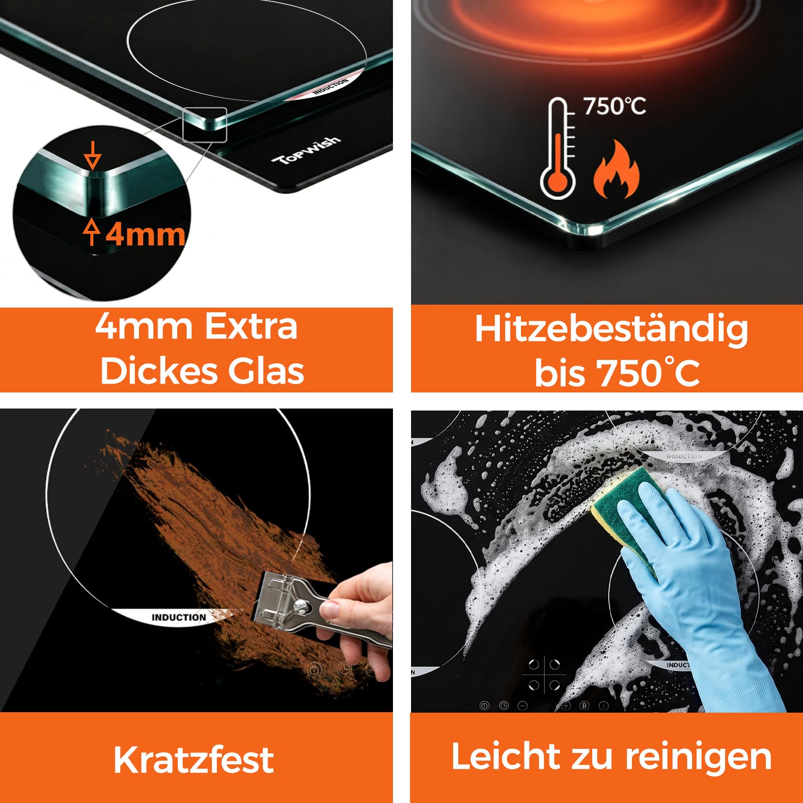 Topwish Induktionskochfeld, Induktionskochfeld 4 platten | Herdplatte 4 kochfelder, Kochfeld induktion mit Kindersicherung, Boost, Touchsteuerung, Restwärmeanzeige, 7200W