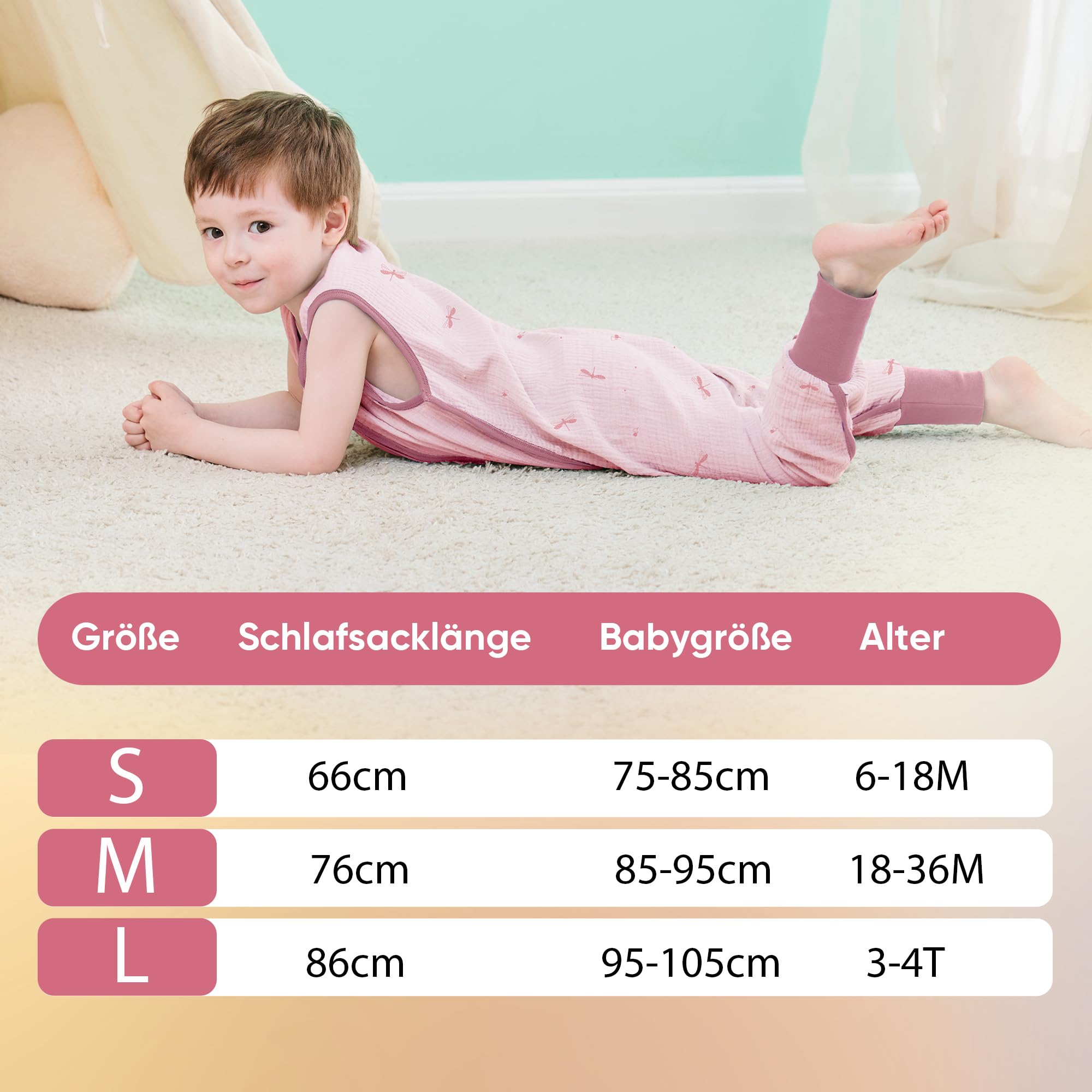 2-pack śpiworek letni dla niemowląt z nogawkami 0,5 Tog 100% bawełna muślin Atmungsaktiv dla chłopców i dziewczynek, ważka, 3-12 M