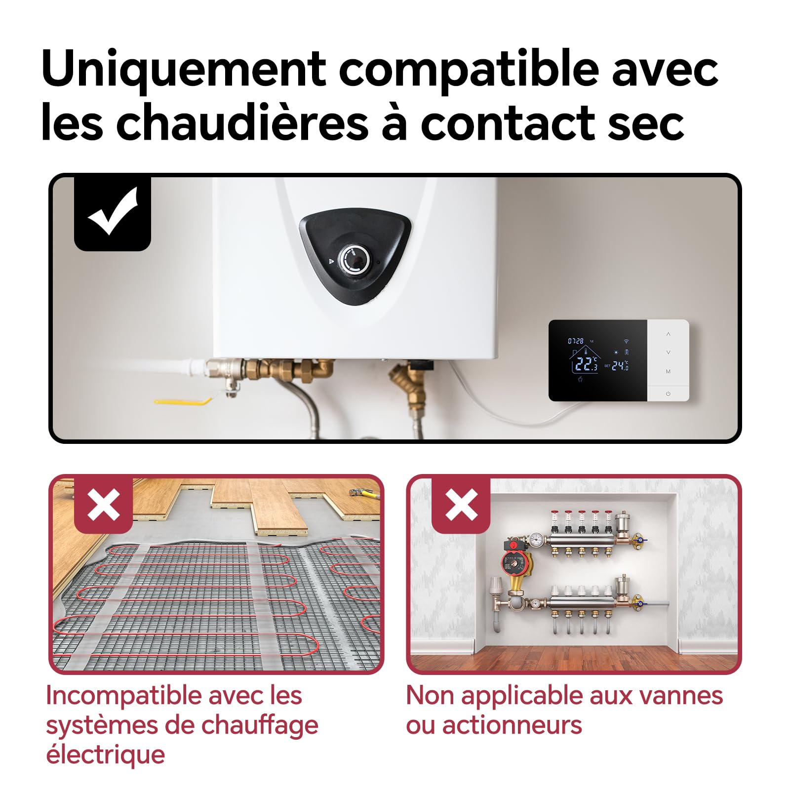 Thermostat WiFi pour Chaudière gaz 3A,Beok Thermostat Mural 2 Fils à Piles,Alimentation par Batterie ou USB,Programmable Compatible avec Alexa et Google Home, Commande Vocale et Contrôle à Distance