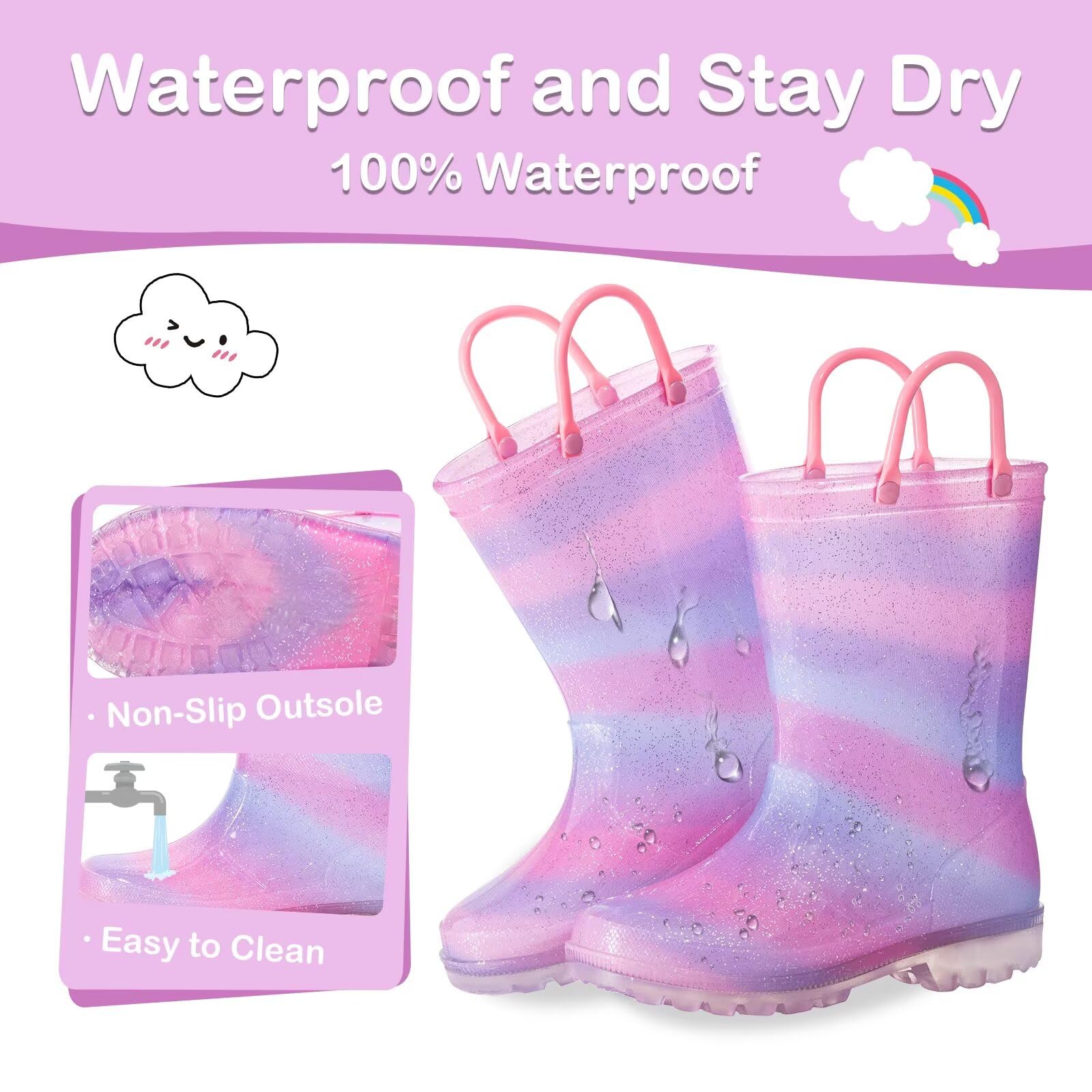 FUNCOO PLUS Botas de lluvia para niños y niñas, botas impermeables iluminadas