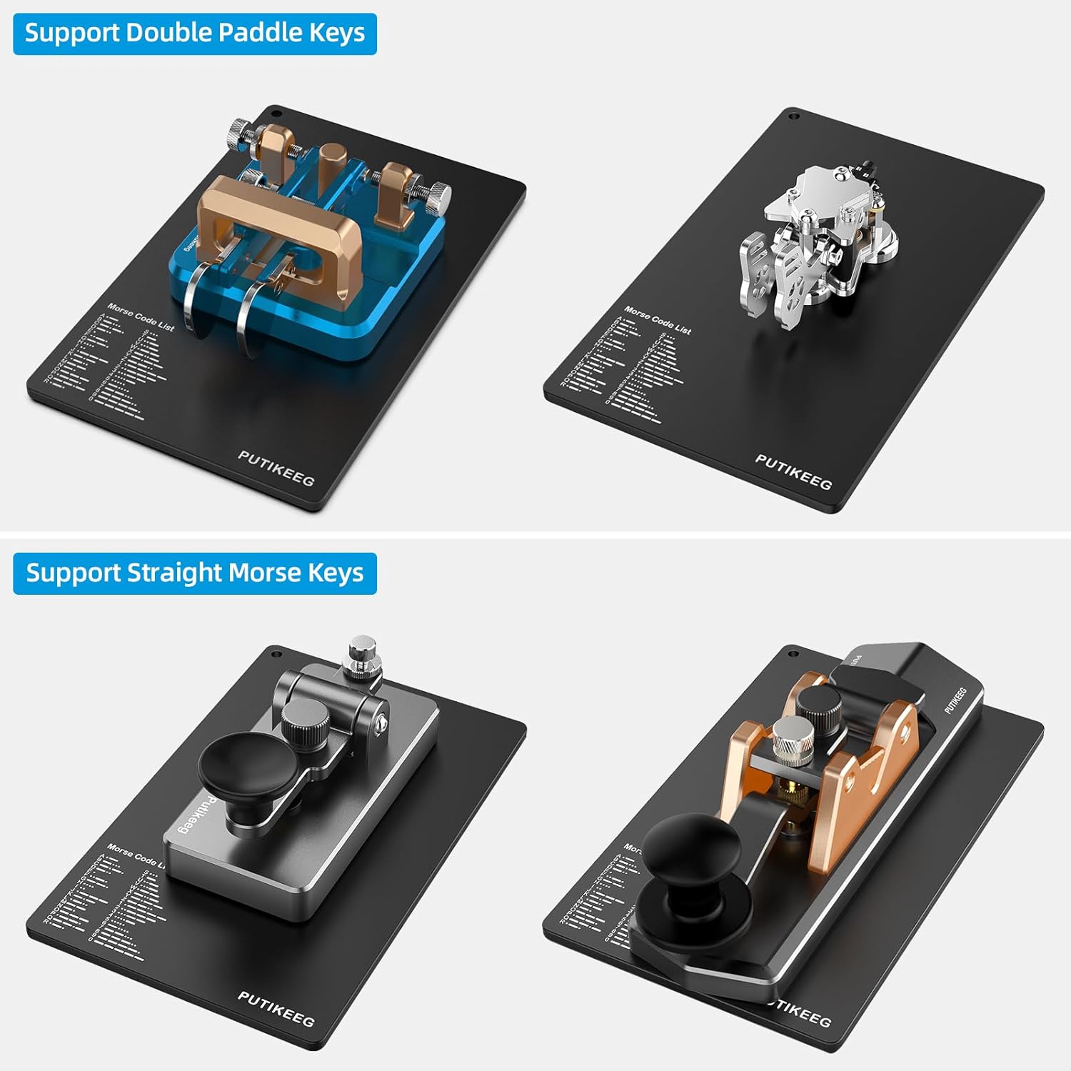 Various types of Morse code keys, including double paddle and straight keys, placed on the PUTIKEEG reference plate