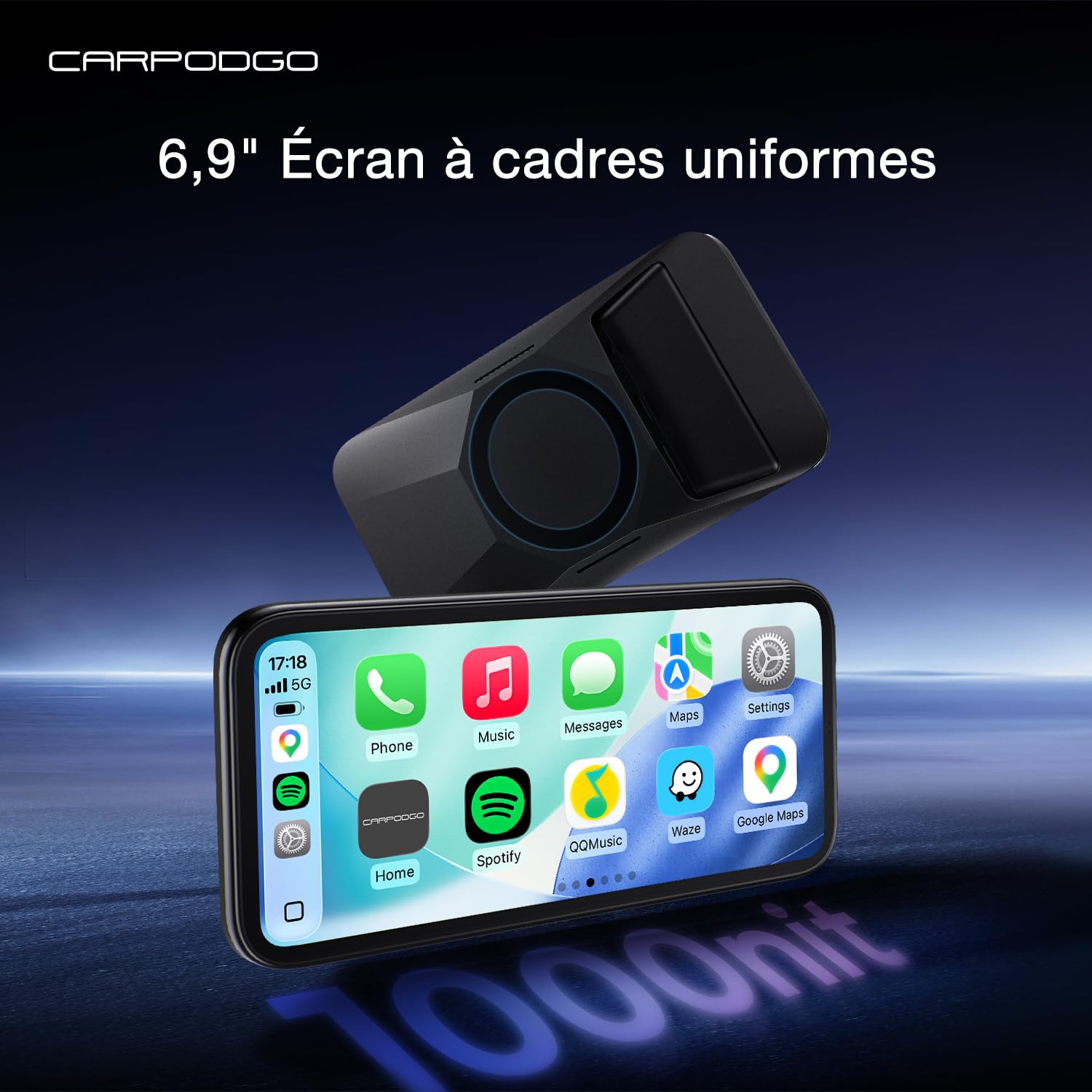 CarpodGo Mini Écran Portable sans Fil 6,9",luminosité de 1 000 nits,écran Arrondi à Cadre Uniforme,CarPlay Voiture pour Apple Car Play à 60fps Compatible avec Les Supports magnétiques