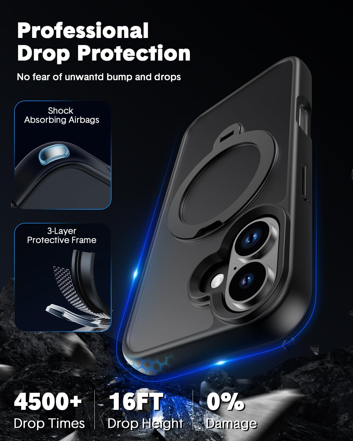 for iPhone 16 Case, Magnetic Rugged Slim Cover with Kickstand, Shockproof Military Grade Protection, Compatible with MagSafe, for Work & Viewing, Black, 6.1" - Image 7