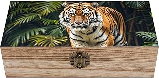 Vintage Wooden Storage Box with Lid, Tiger on A Boulder in The Jungle Jewelry Box for Women, Solid Wood Keepsake Organizer for Desktop Necklace & Photo Storage, 7.9 X 3.9 X 2.3 Inches