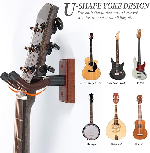 Miniatura 4 de Soporte de pared para guitarra, paquete de 2, colgador de madera para guitarra para almacenamiento seguro y exhibición, colgador de pared resistente